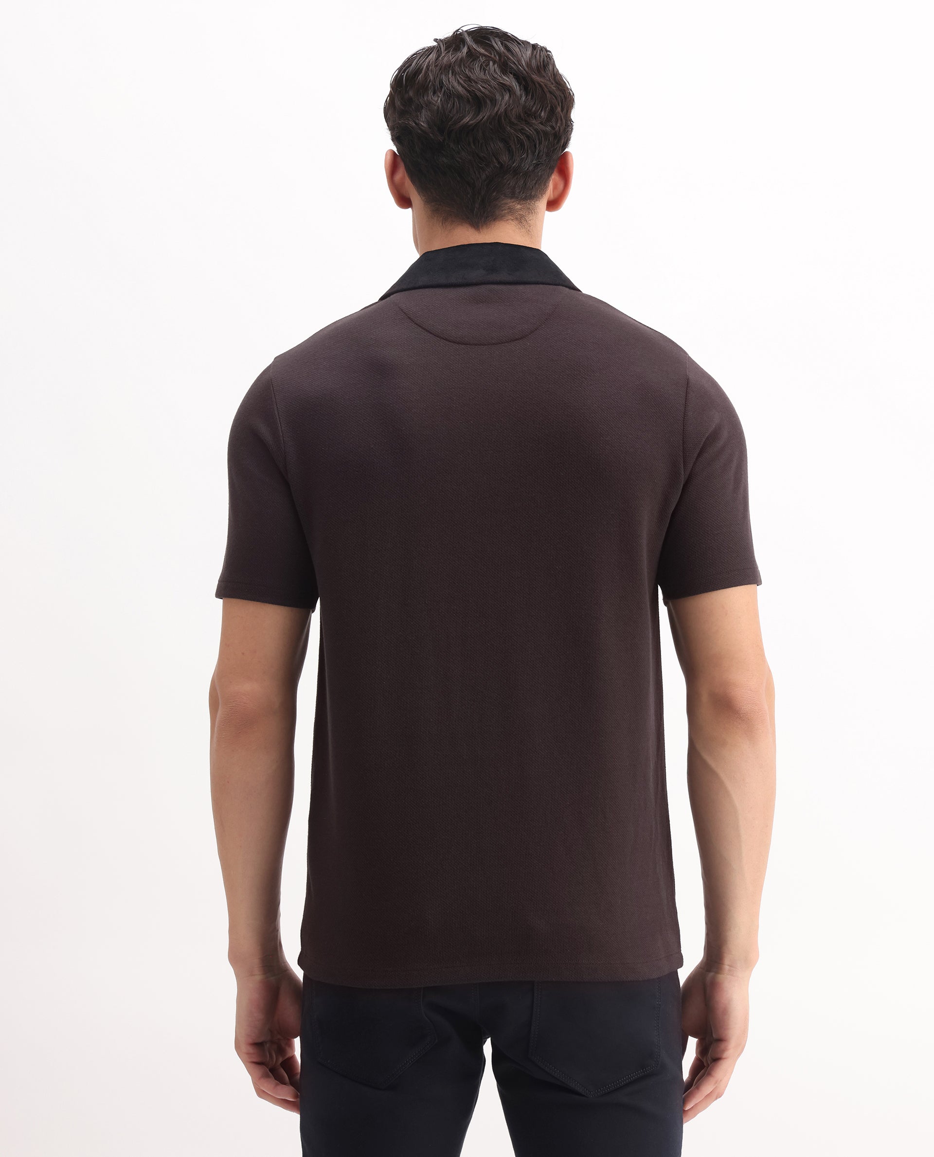 Rare Rabbit Men's Danio Dark Brown Cotton Blend Plain Regular Fit Half Sleeve Polo