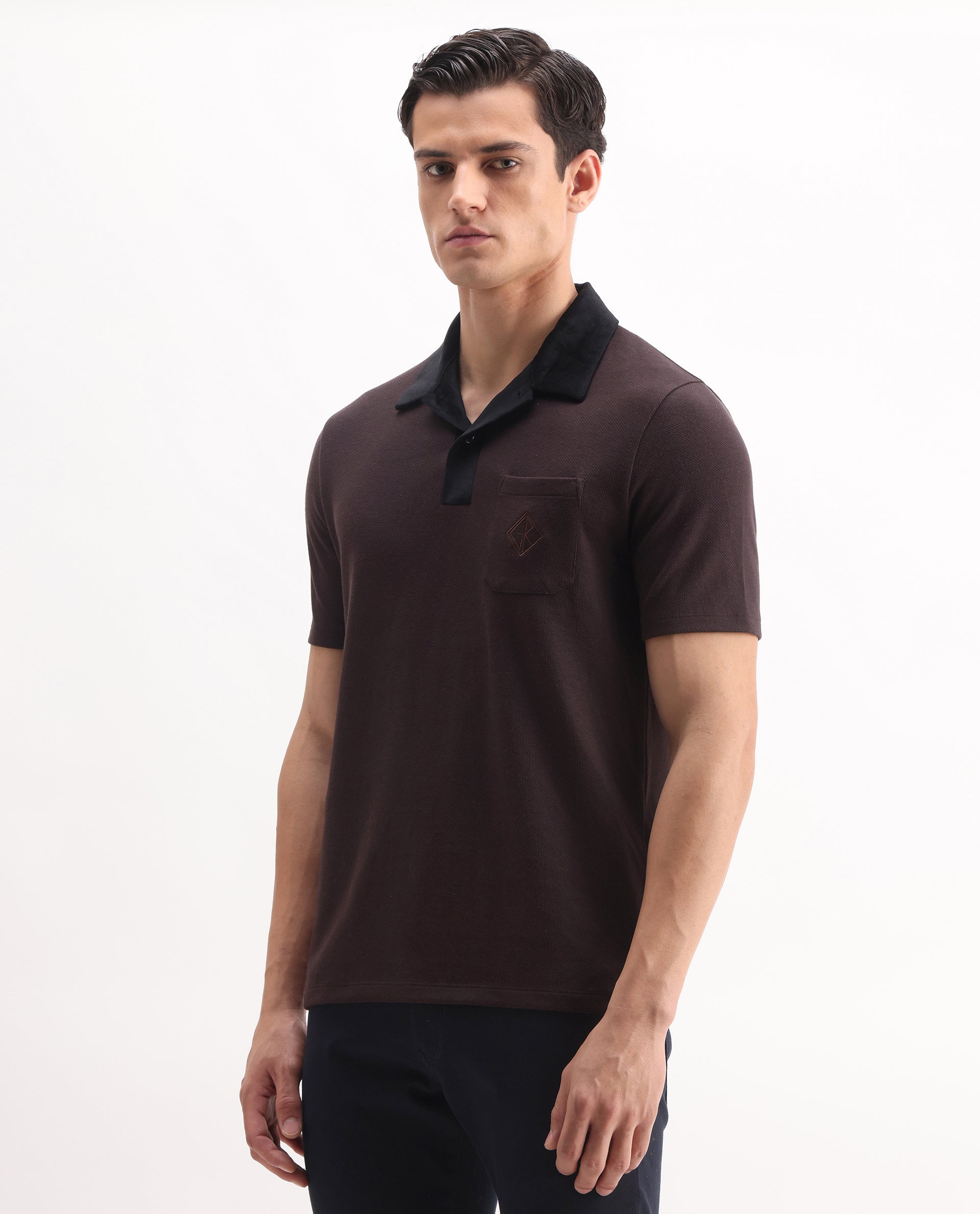 Rare Rabbit Men's Danio Dark Brown Cotton Blend Plain Regular Fit Half Sleeve Polo