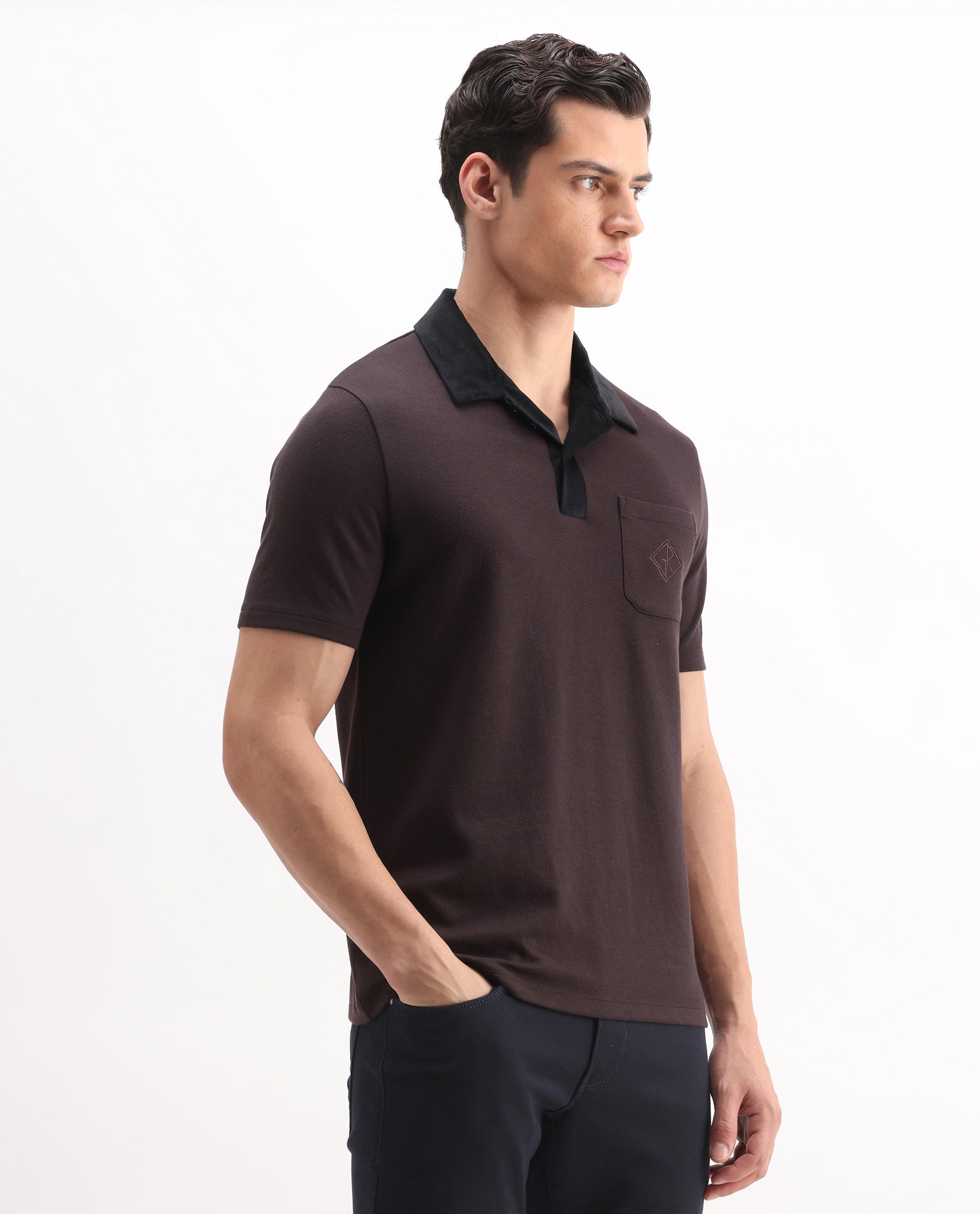 Rare Rabbit Men's Danio Dark Brown Cotton Blend Plain Regular Fit Half Sleeve Polo