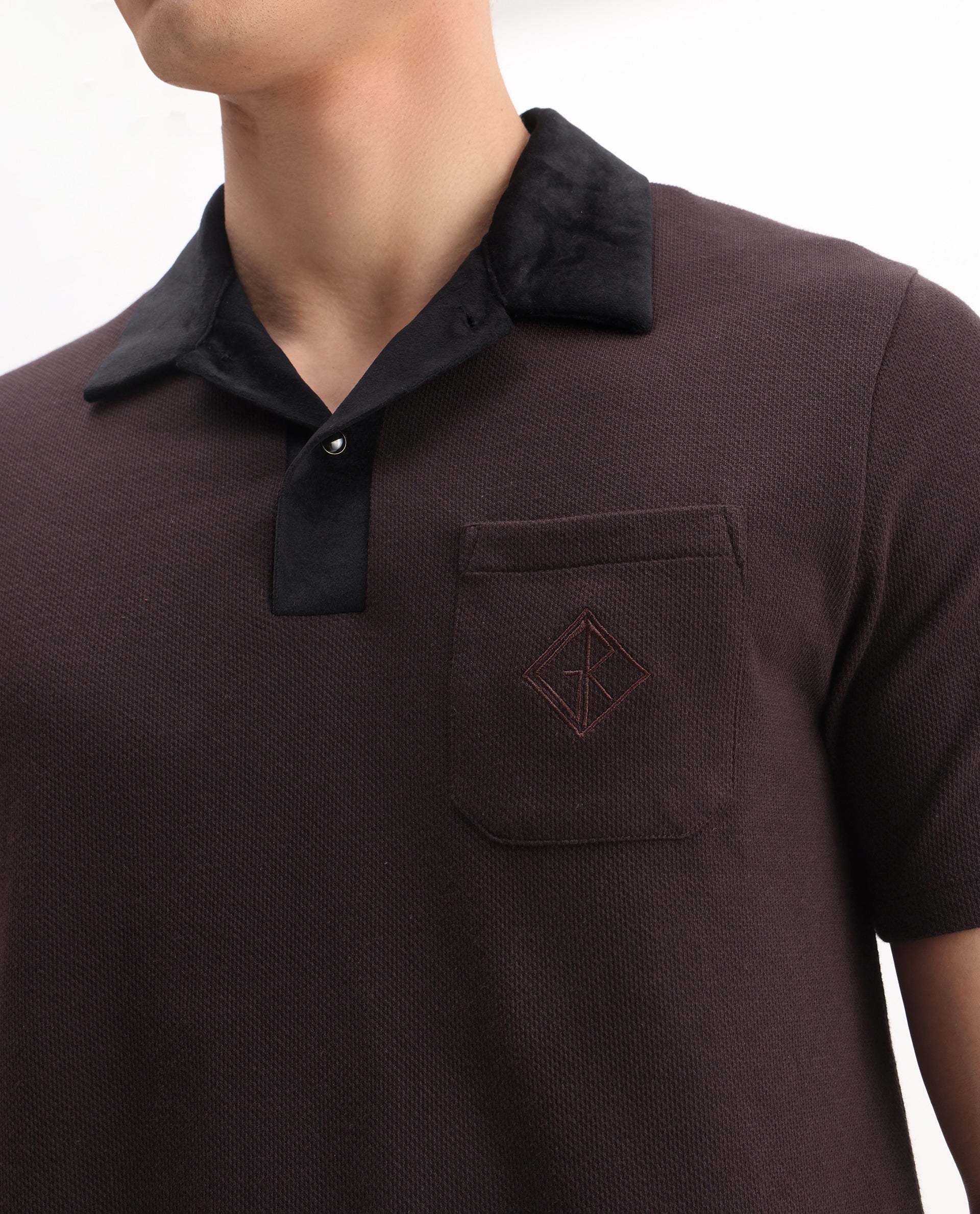 Rare Rabbit Men's Danio Dark Brown Cotton Blend Plain Regular Fit Half Sleeve Polo