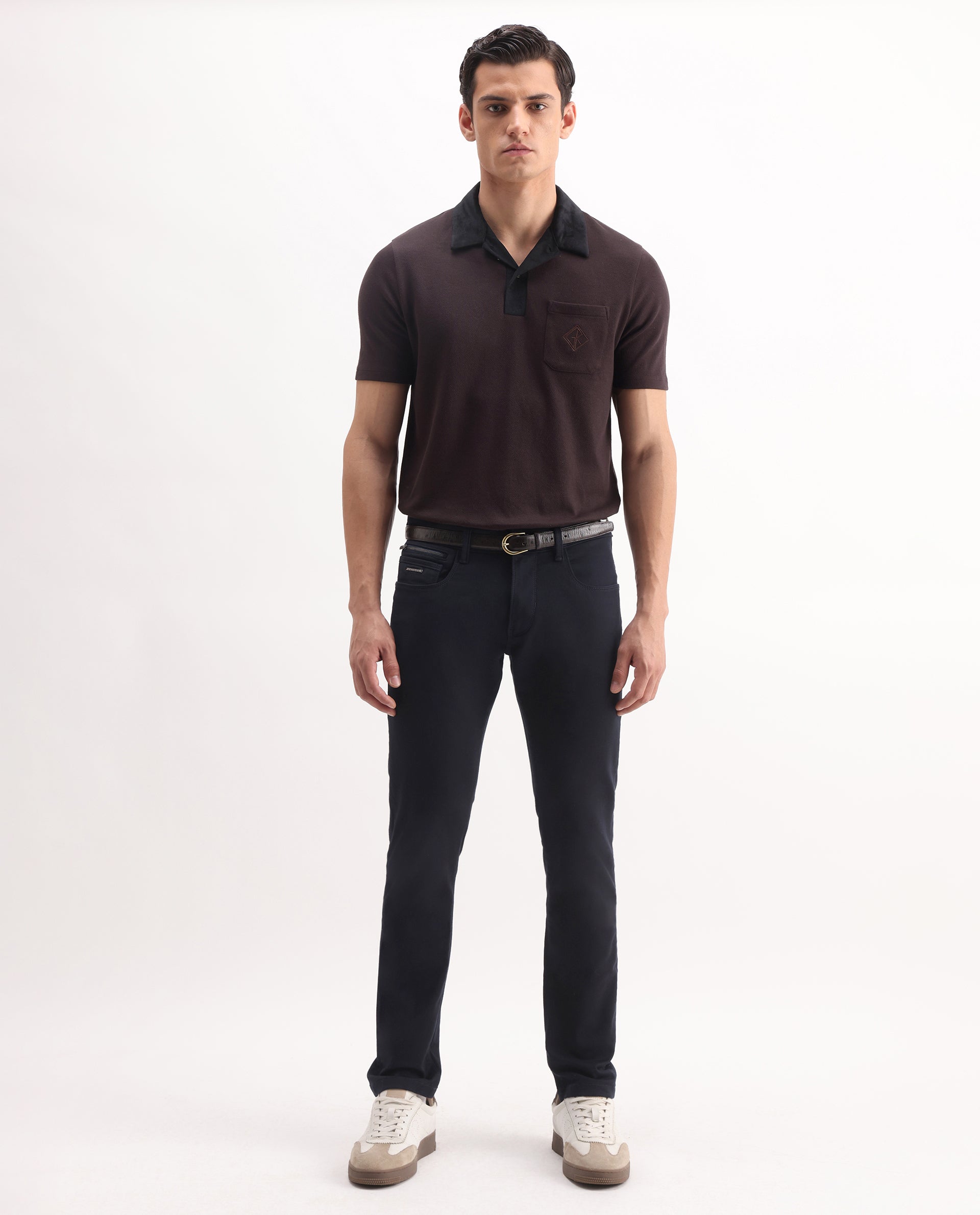 Rare Rabbit Men's Danio Dark Brown Cotton Blend Plain Regular Fit Half Sleeve Polo