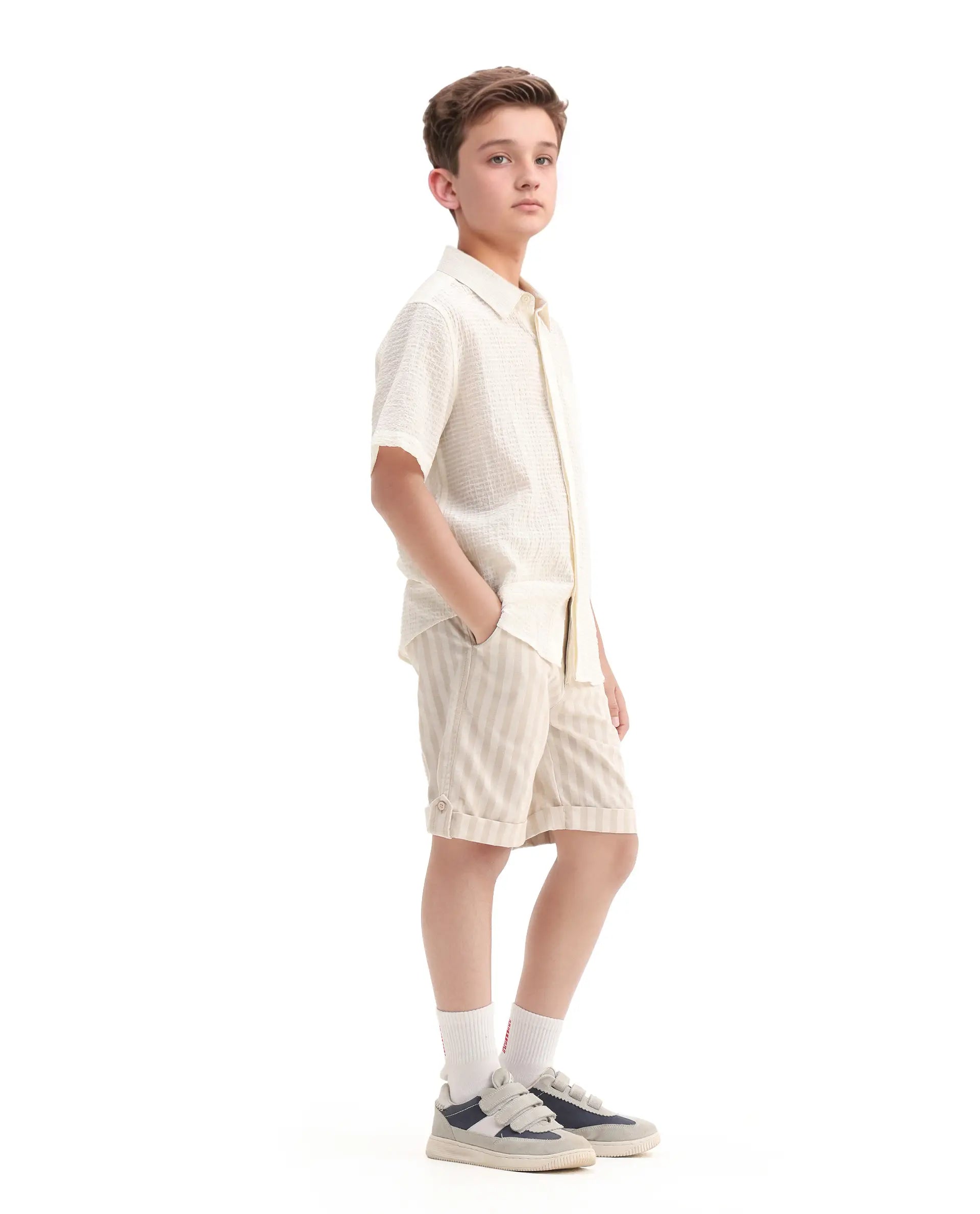 Rare Ones Kids Danni Beige Polyester Striped Button & Zip Closure Regular Fit Shorts
