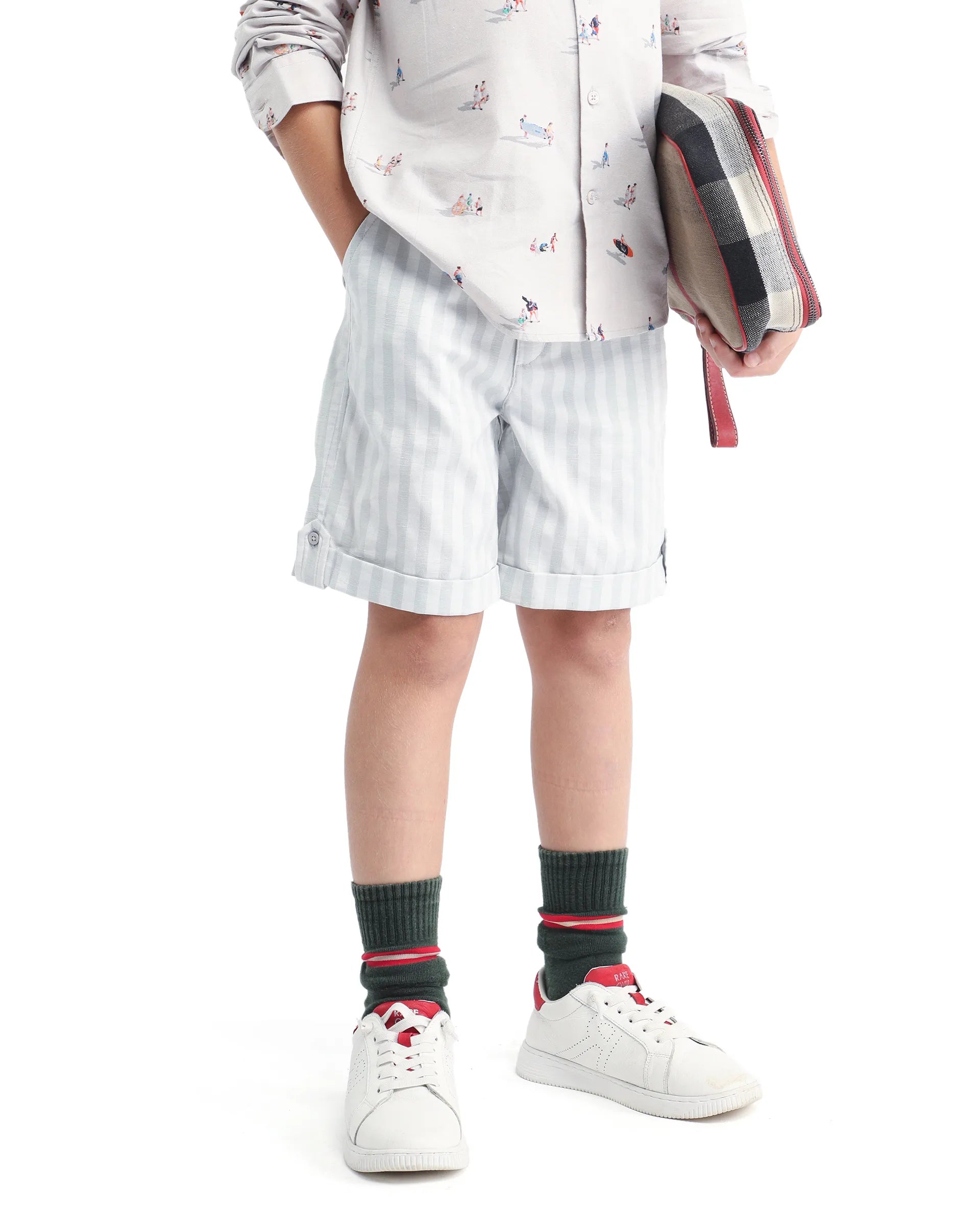 Rare Ones Kids Danni Light Green Polyester Striped Button & Zip Closure Regular Fit Shorts