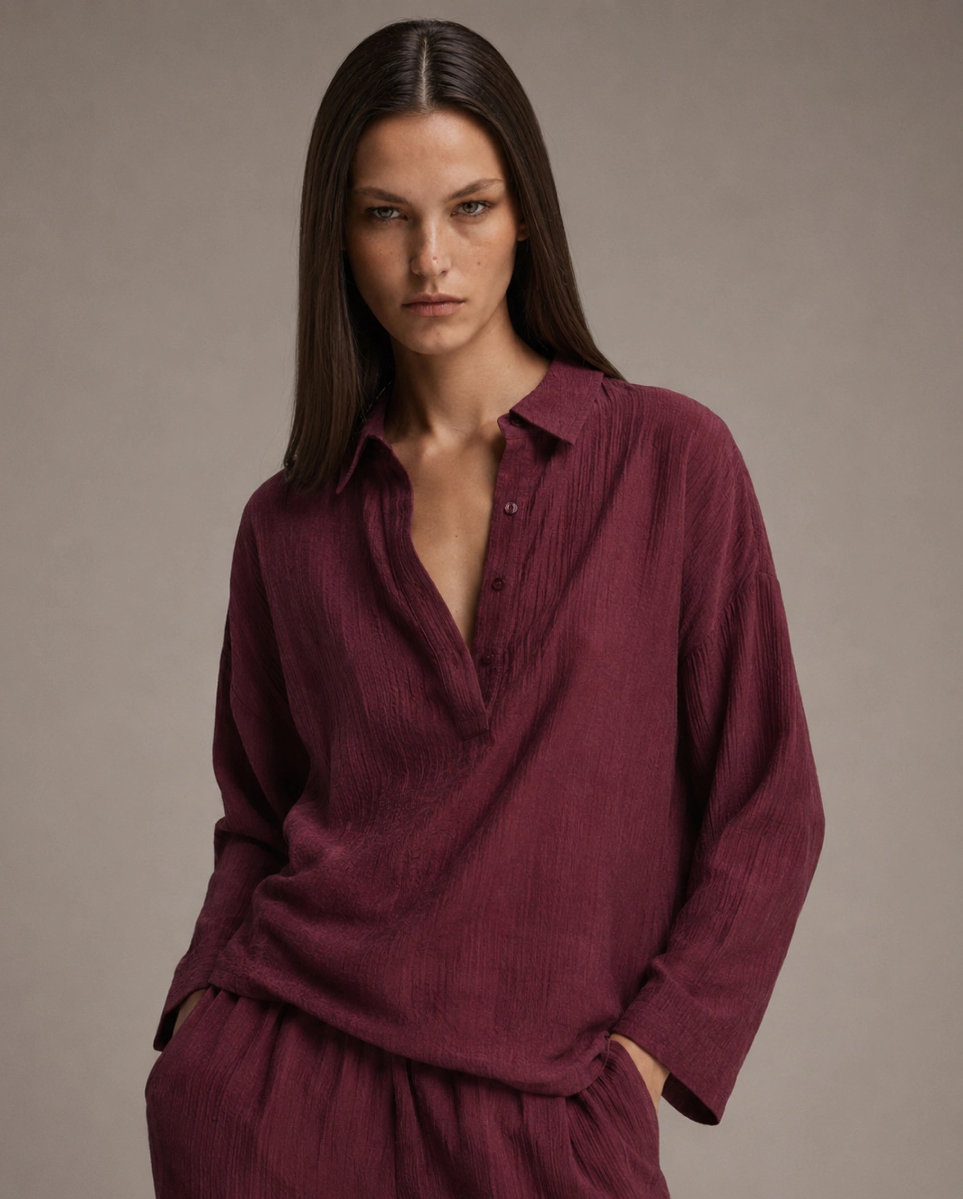 Rareism Women's Dano-T Maroon Viscose Blend Jonny Collar Pull-On Oversized Plain Top
