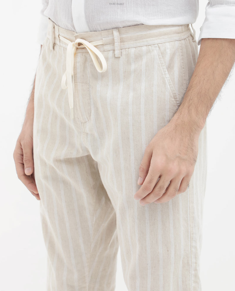 Rare Rabbit Men's Dano Beige Cotton Linen Stripes Trousers