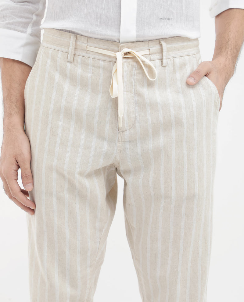 Rare Rabbit Men's Dano Beige Cotton Linen Stripes Trousers