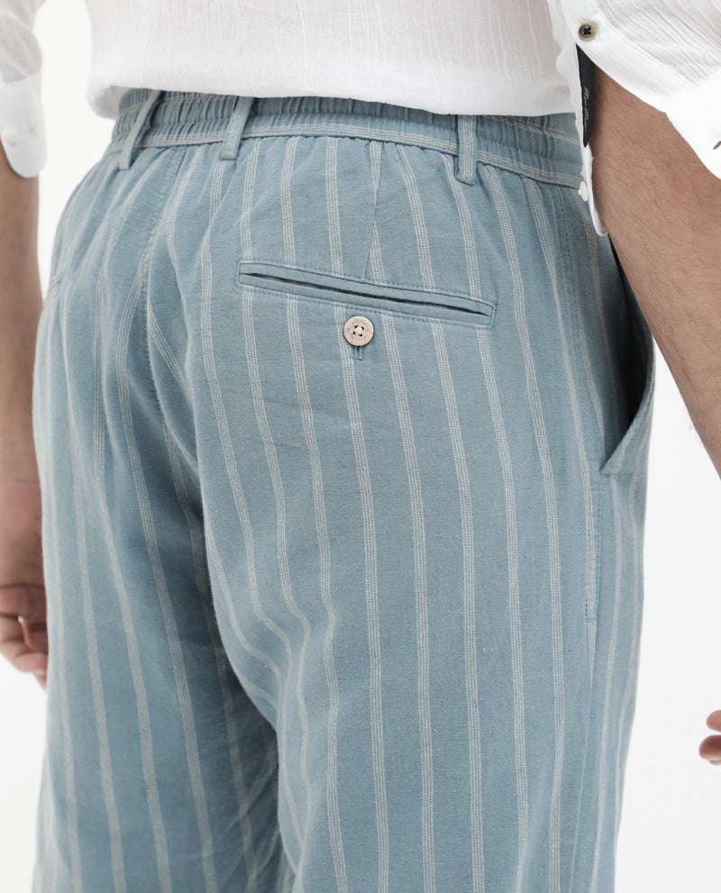 Rare Rabbit Men's Dano Light Blue Cotton Linen Stripes Trousers