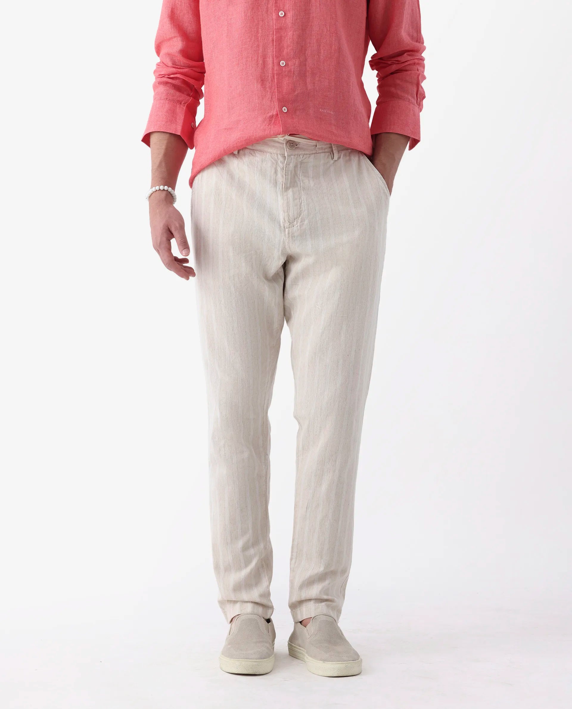Rare Rabbit Men's Dano Beige Linen Blend Striped Print Regular Fit Trouser