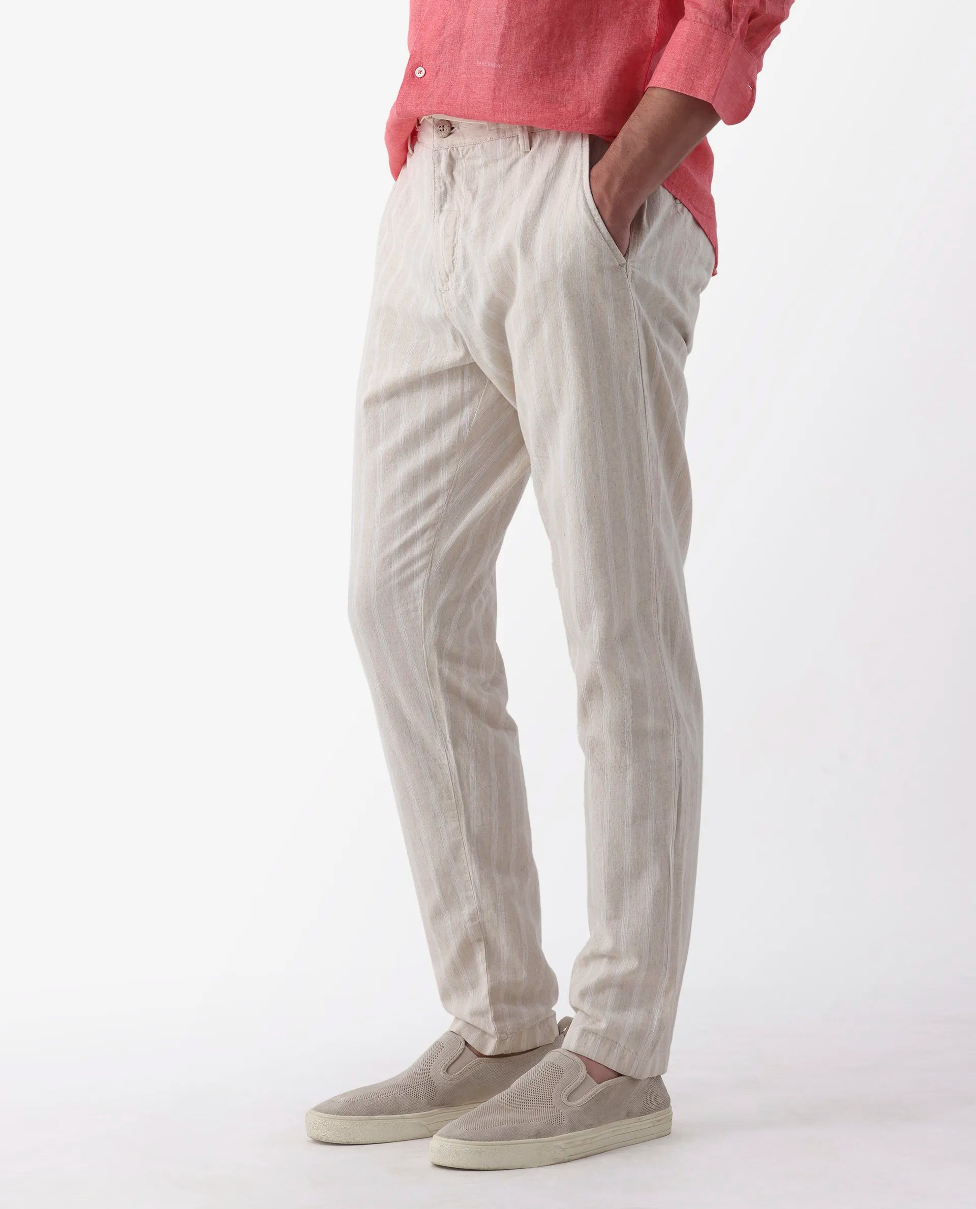 Rare Rabbit Men's Dano Beige Linen Blend Striped Print Regular Fit Trouser