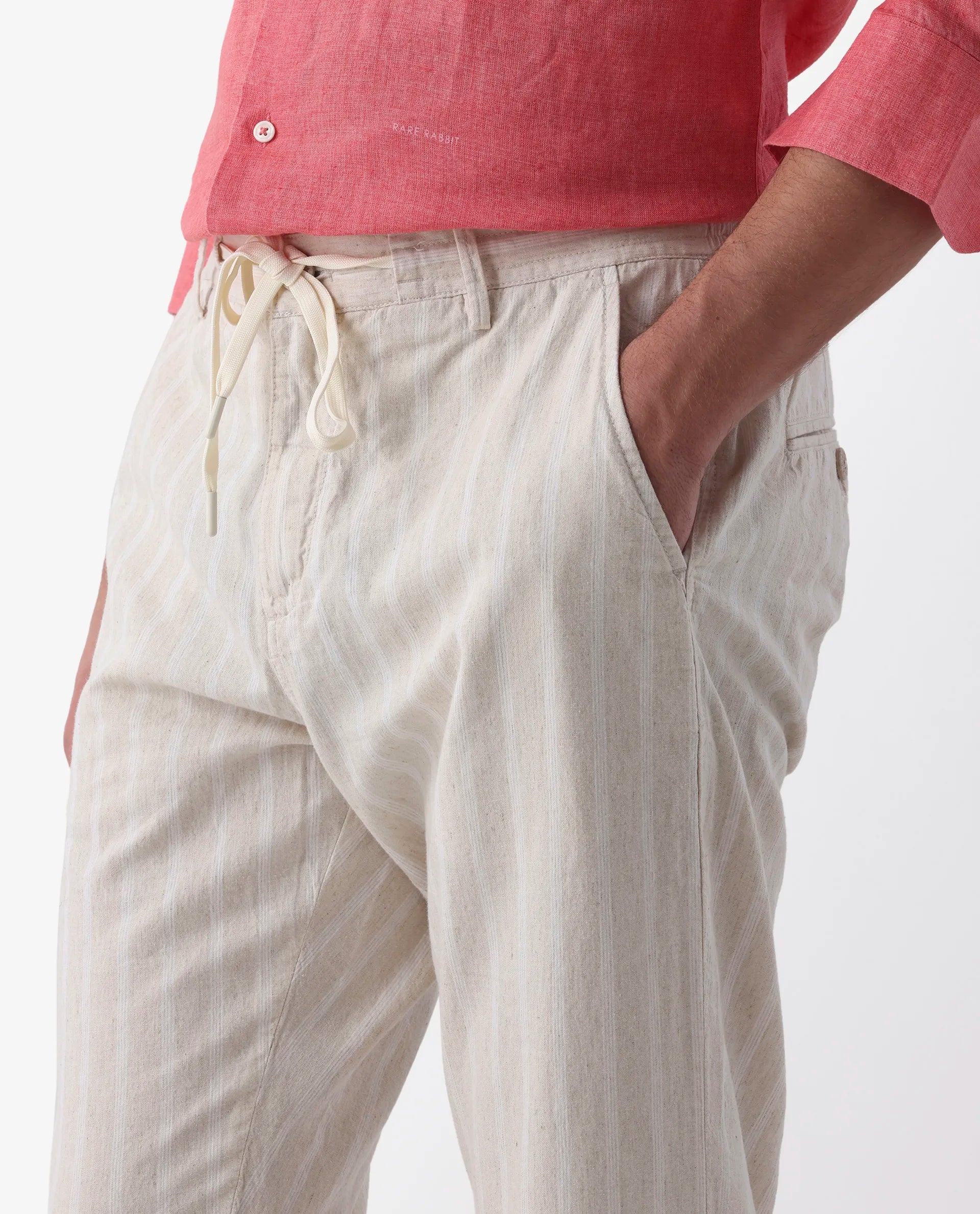 Rare Rabbit Men's Dano Beige Linen Blend Striped Print Regular Fit Trouser