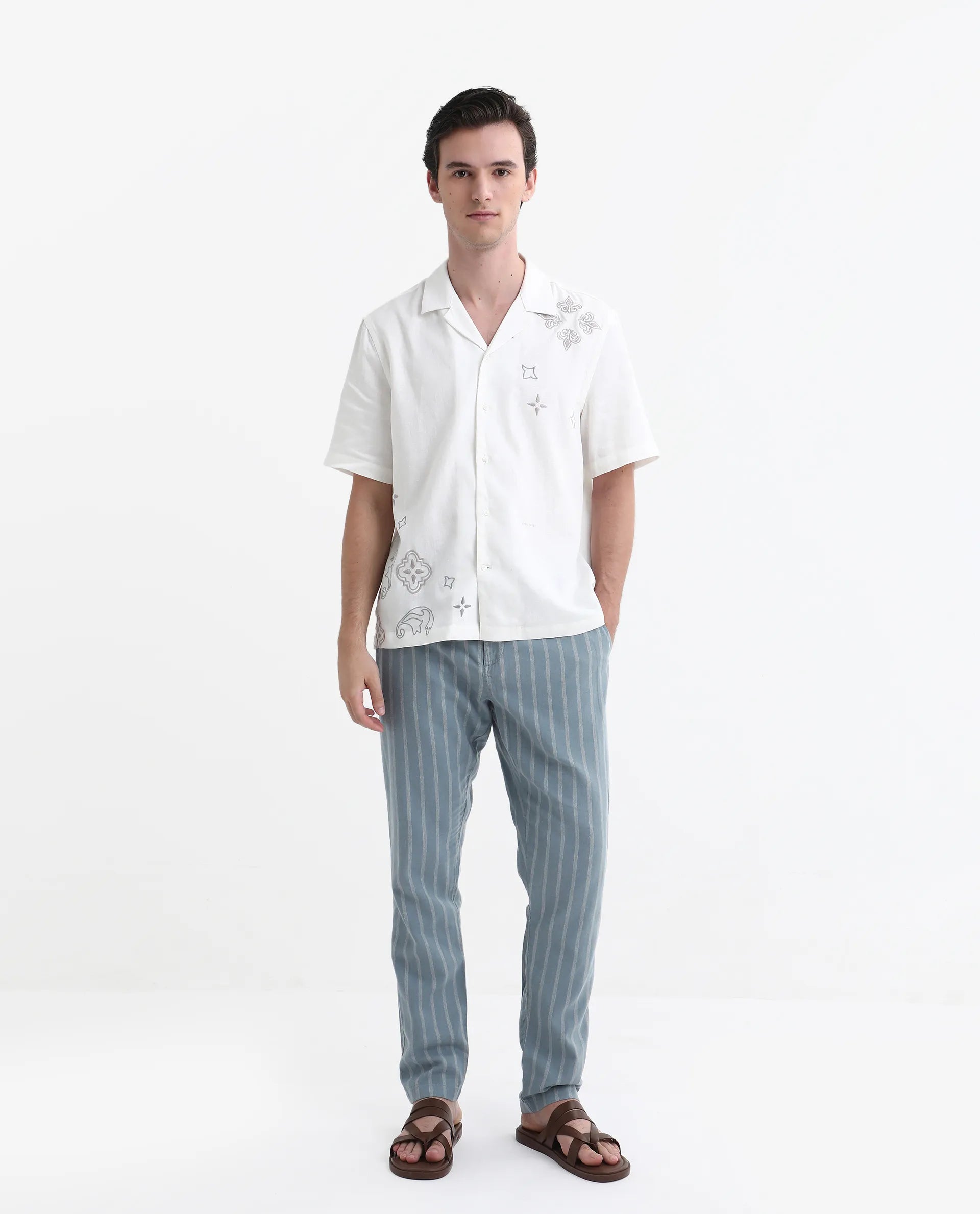 Rare Rabbit Men's Dano Light Blue Linen Blend Striped Print Regular Fit Trouser