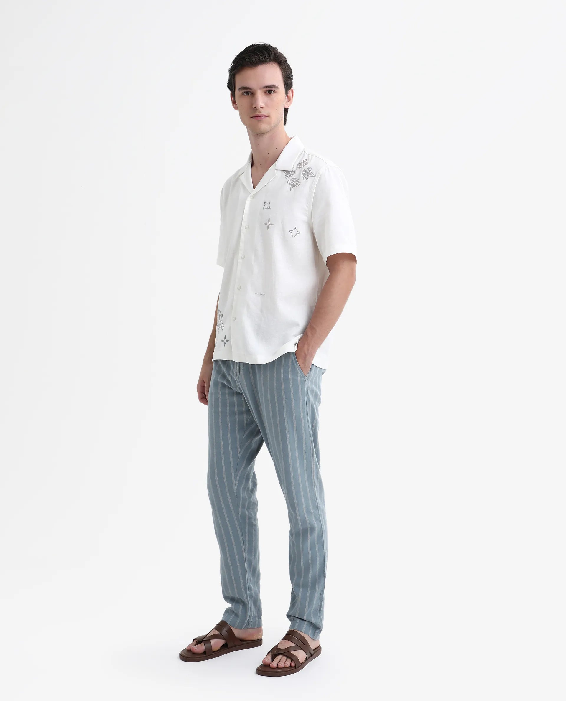 Rare Rabbit Men's Dano Light Blue Linen Blend Striped Print Regular Fit Trouser