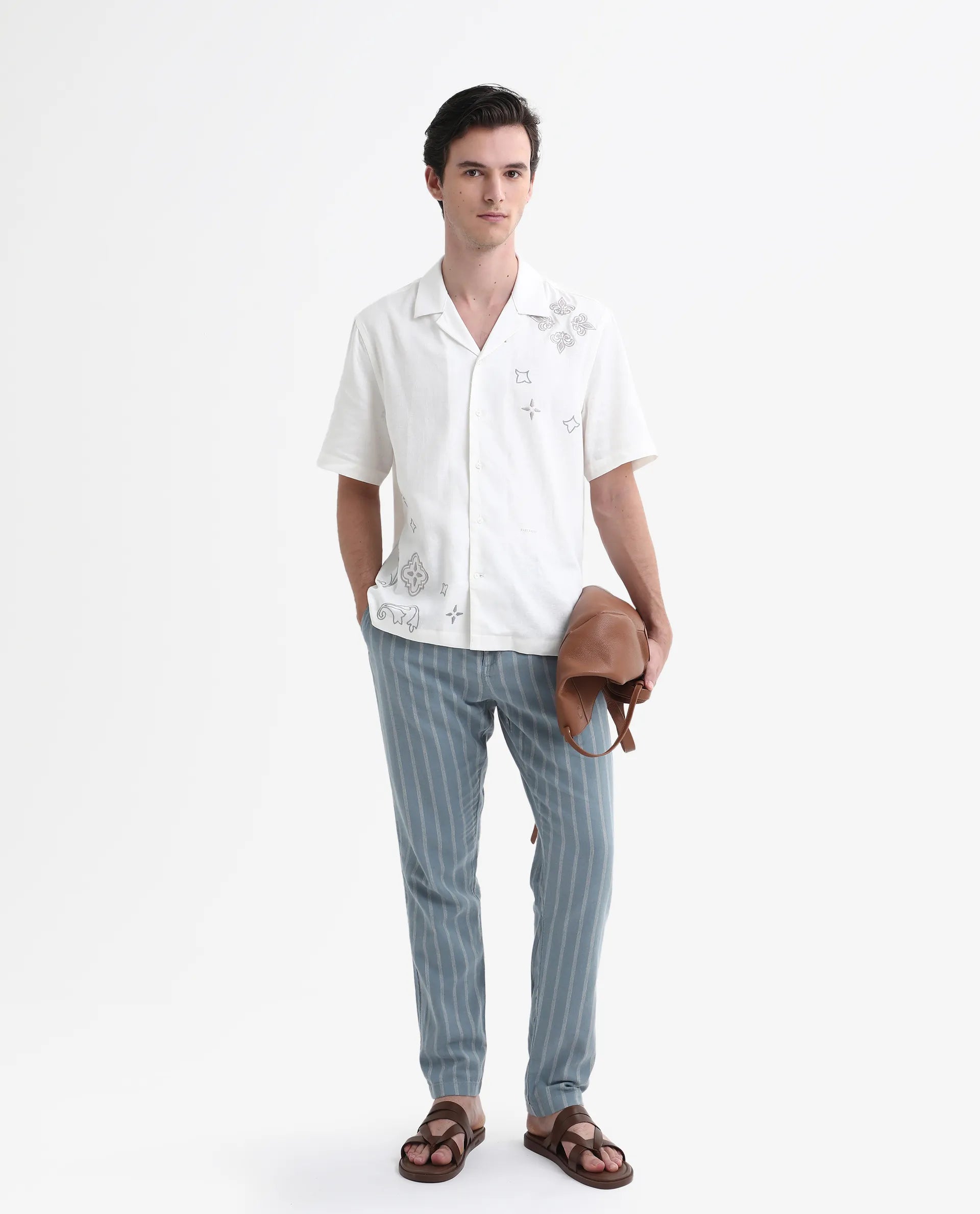 Rare Rabbit Men's Dano Light Blue Linen Blend Striped Print Regular Fit Trouser