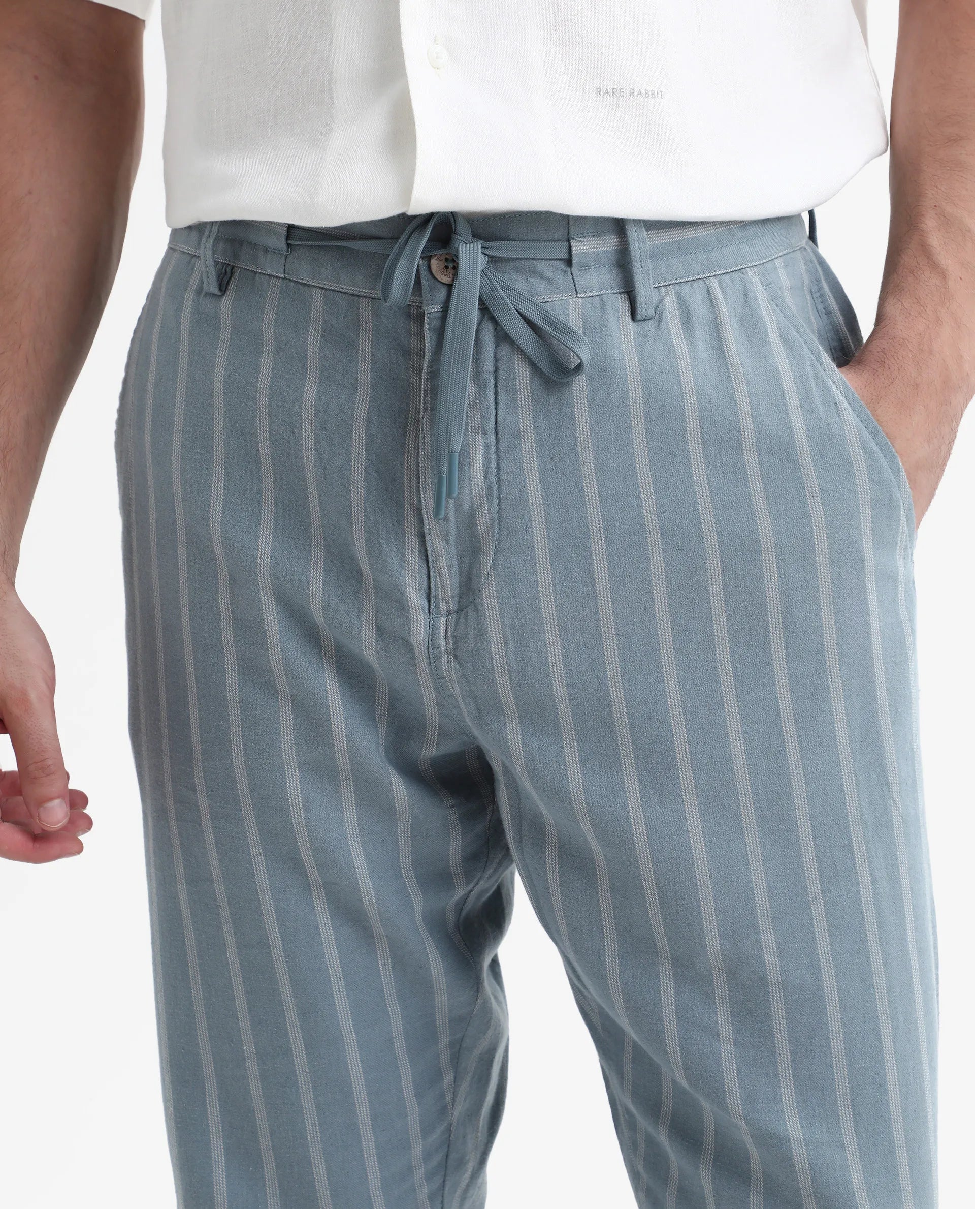 Rare Rabbit Men's Dano Light Blue Linen Blend Striped Print Regular Fit Trouser