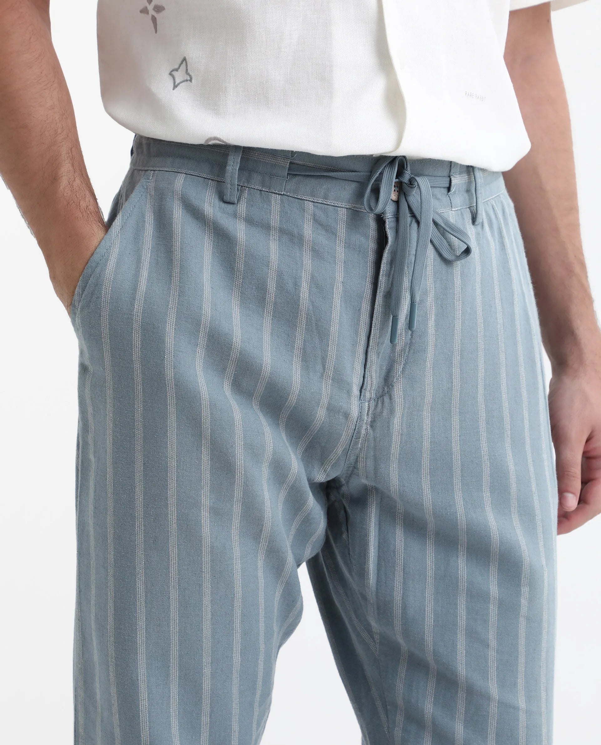 Rare Rabbit Men's Dano Light Blue Linen Blend Striped Print Regular Fit Trouser