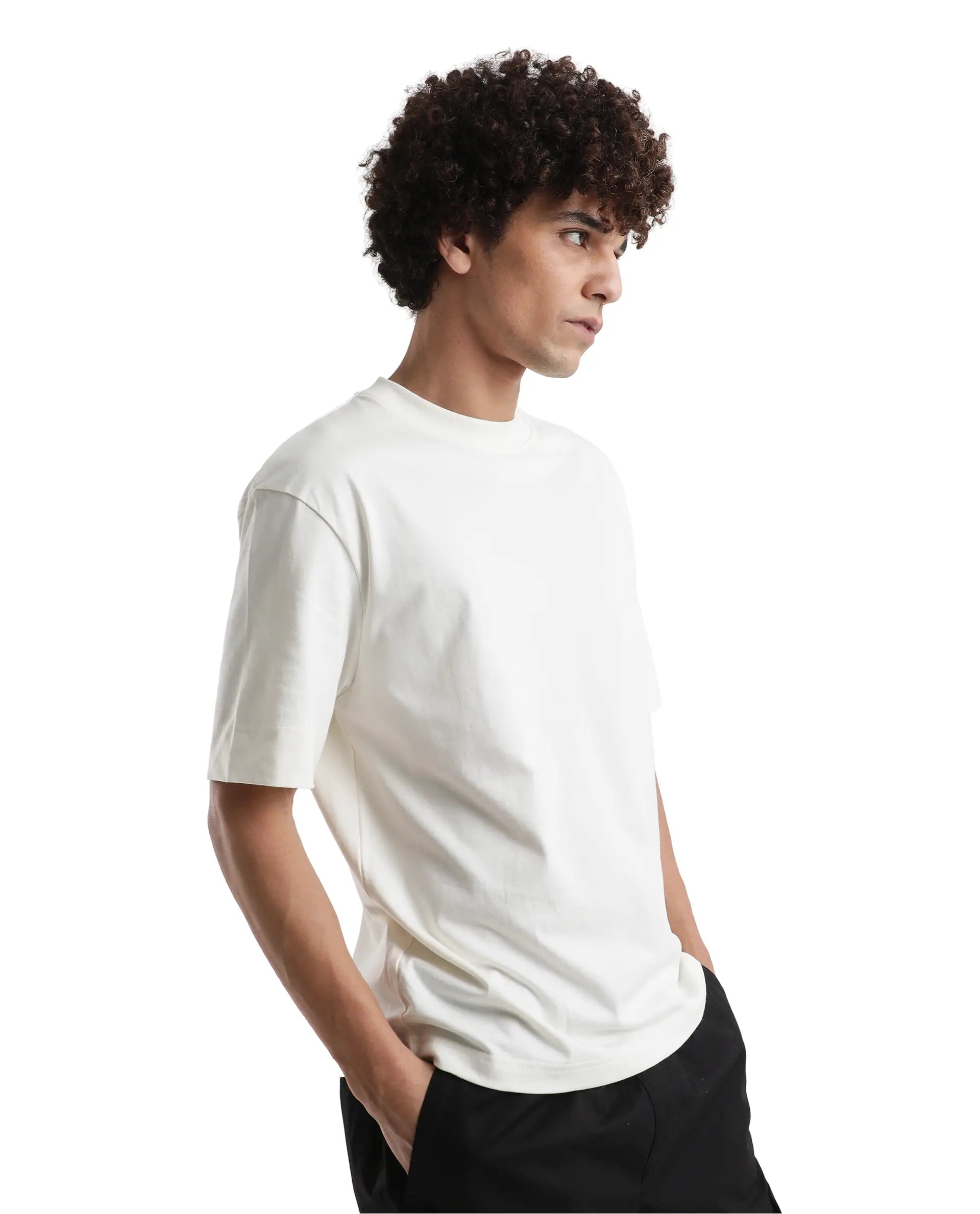 Rare Rabbit Men Danq Off White Cotton Fabric Short Sleeve Crew Neck Oversized Fit Graphic Back Print T-Shirt