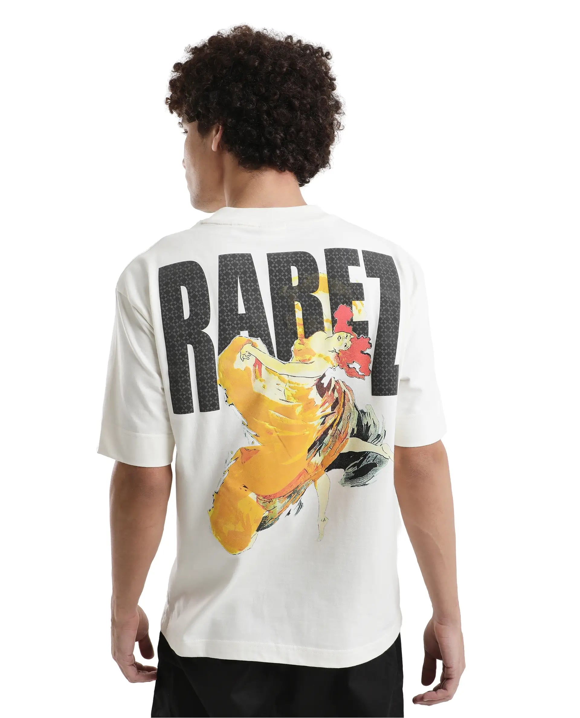 Rare Rabbit Men Danq Off White Cotton Fabric Short Sleeve Crew Neck Oversized Fit Graphic Back Print T-Shirt