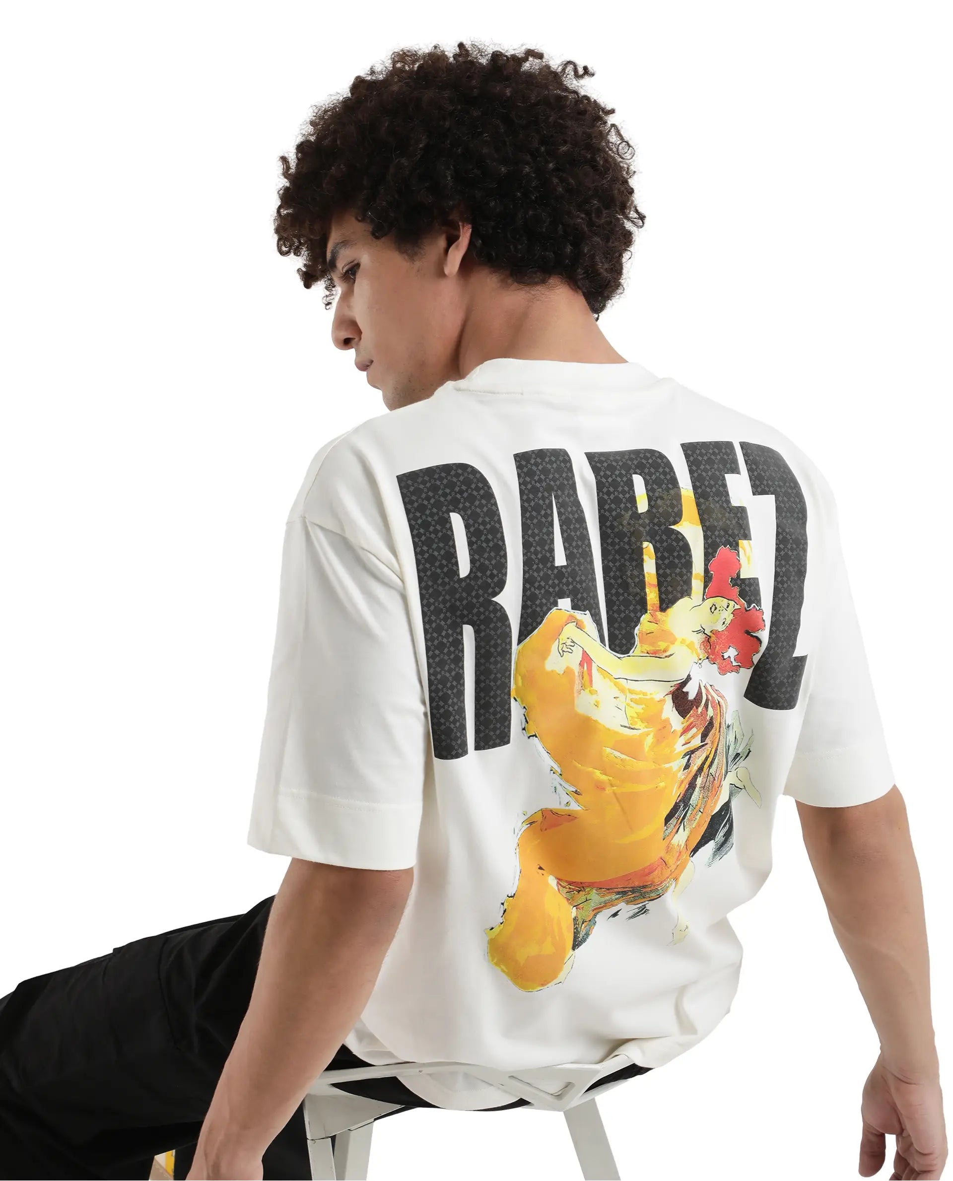 Rare Rabbit Men Danq Off White Cotton Fabric Short Sleeve Crew Neck Oversized Fit Graphic Back Print T-Shirt