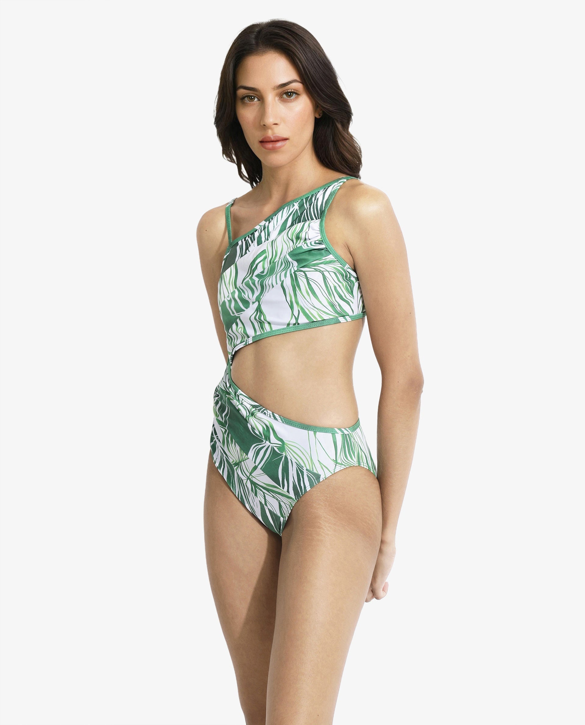 Rareism Women Daph Green Poly Lycra Fabric Sleeveless Asymmetric Neck Tie Up Closure Knit Abstract Print Bodysuit Mini Swimsuit