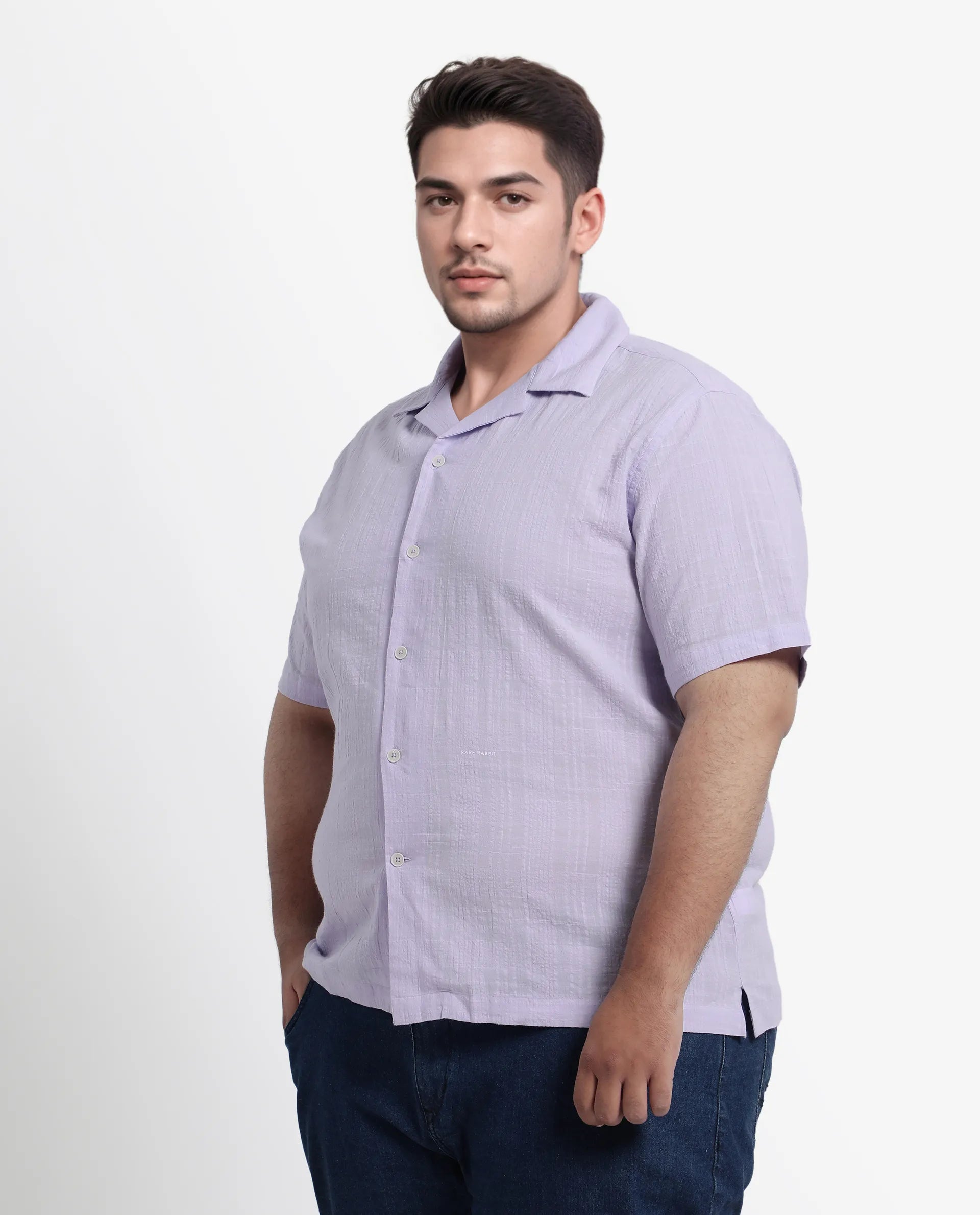 Rare Rabbit Men's Dara-L Pastel Purple Cotton Fabric Half Sleeve Cuban Collar Button Closure Boxy Fit Checked Shirt