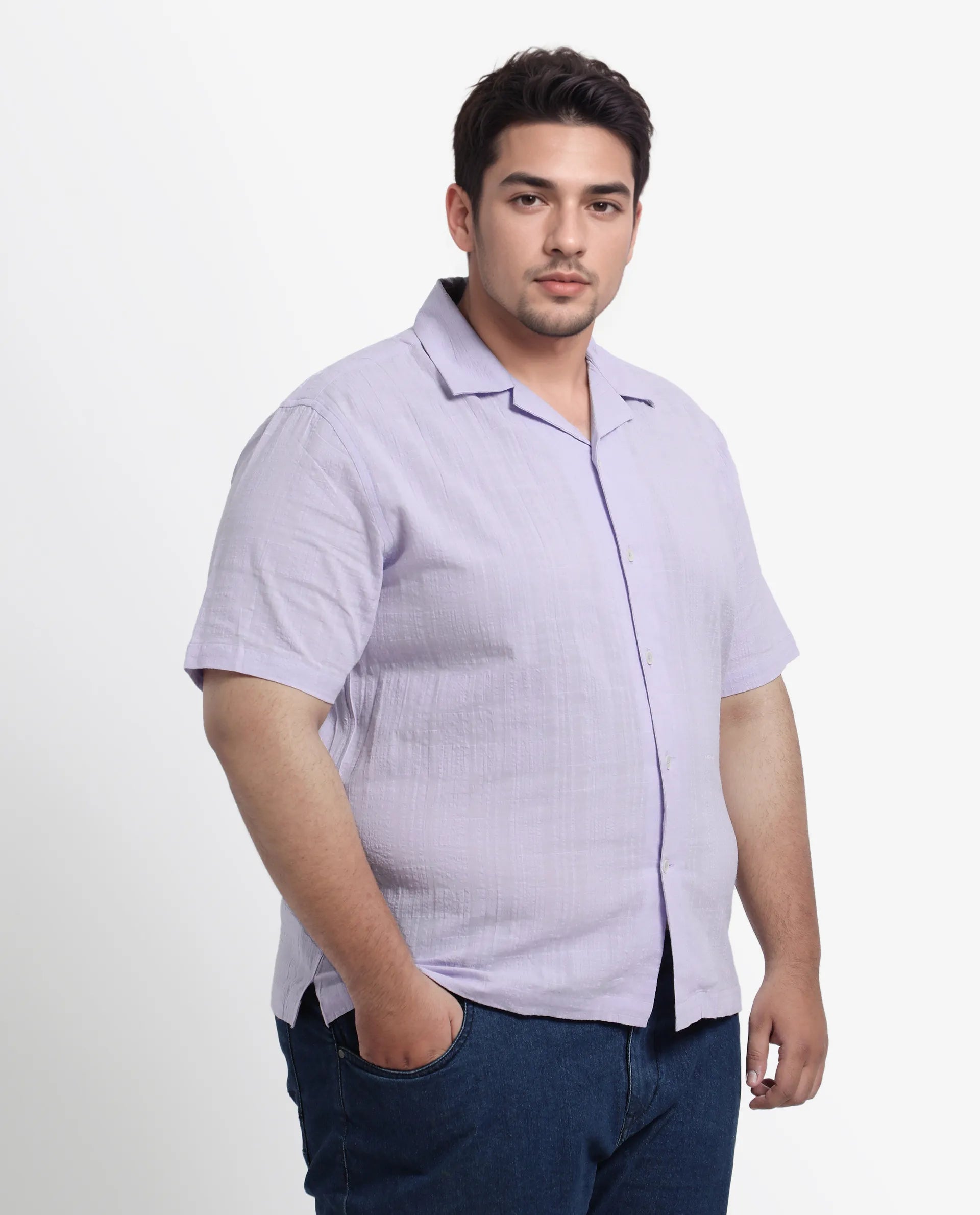 Rare Rabbit Men's Dara-L Pastel Purple Cotton Fabric Half Sleeve Cuban Collar Button Closure Boxy Fit Checked Shirt