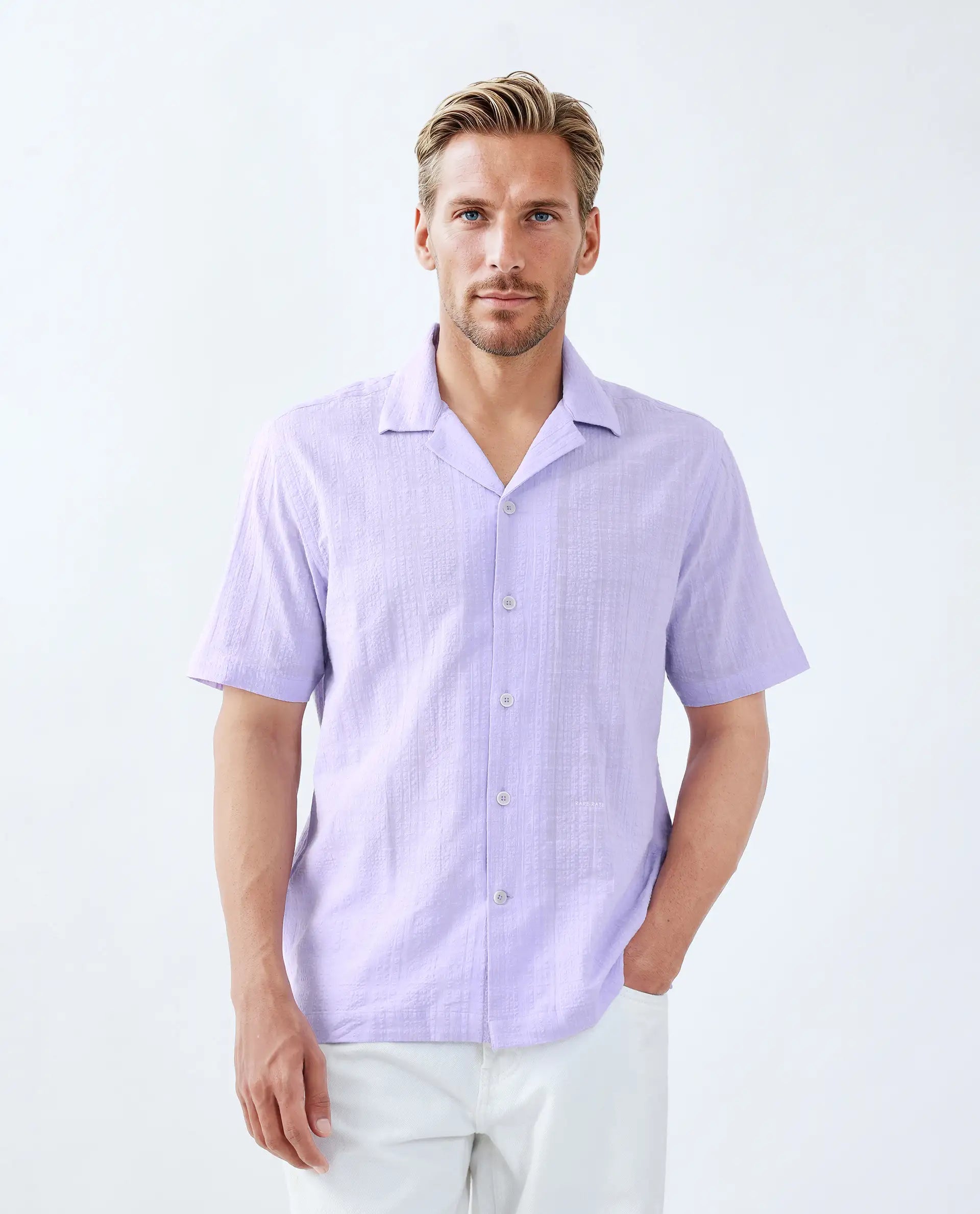 Rare Rabbit Men's Dara Pastel Purple Cotton Checked Print Boxy Fit Half Sleeve Cuban Collar Shirt