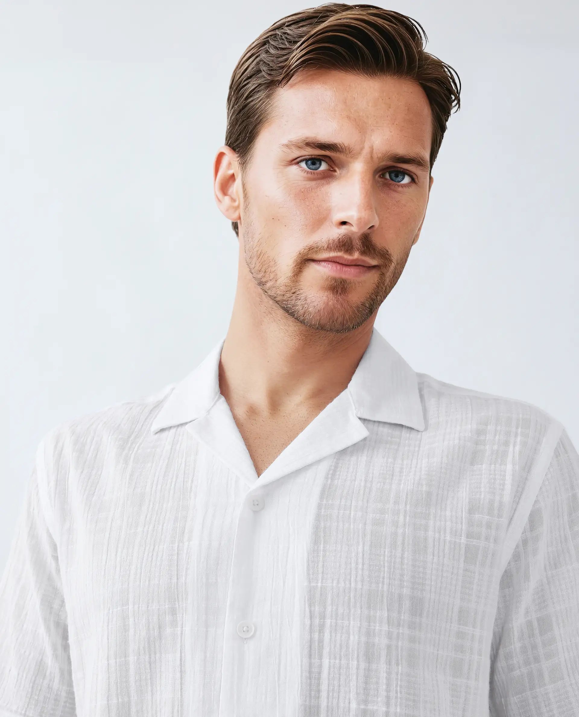 Rare Rabbit Men's Dara White Cotton Checked Print Boxy Fit Half Sleeve Cuban Collar Shirt