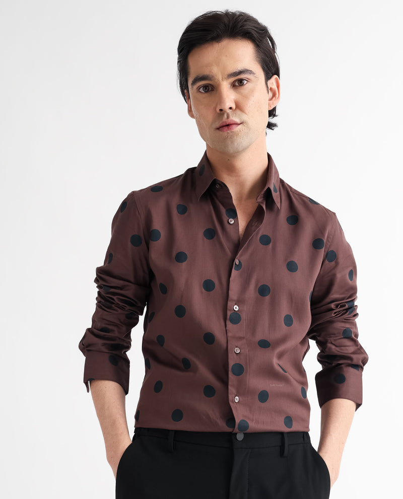 Rare Rabbit Men's Dare Brown Cotton Modal Fabric Polka Print Full Sleeves Shirt