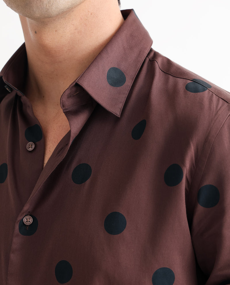 Rare Rabbit Men's Dare Brown Cotton Modal Fabric Polka Print Full Sleeves Shirt