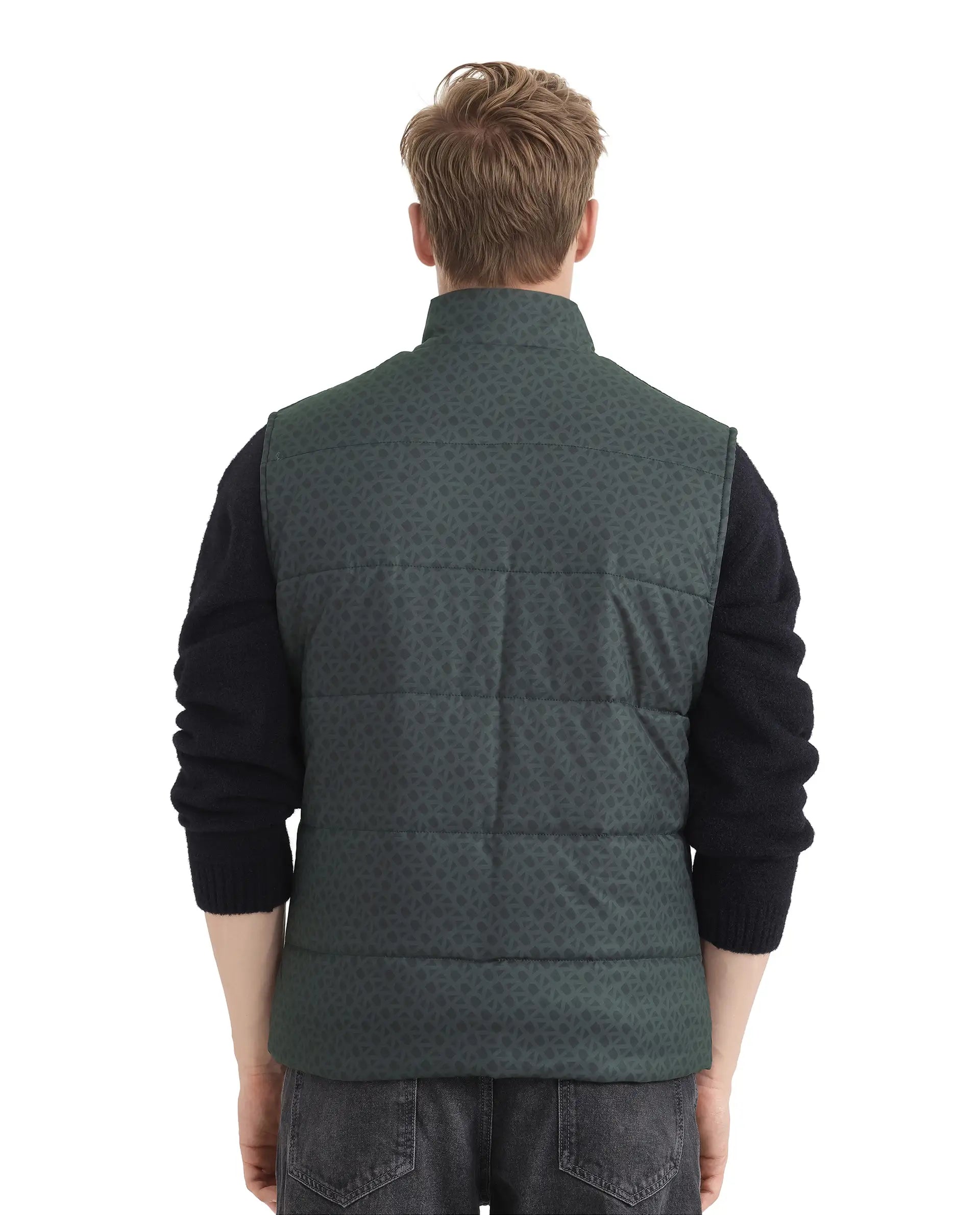 Rare Rabbit Men Darif Petrol Polyester Fabric Sleeveless High Neck Collar Allover Monogram Gilet Jacket