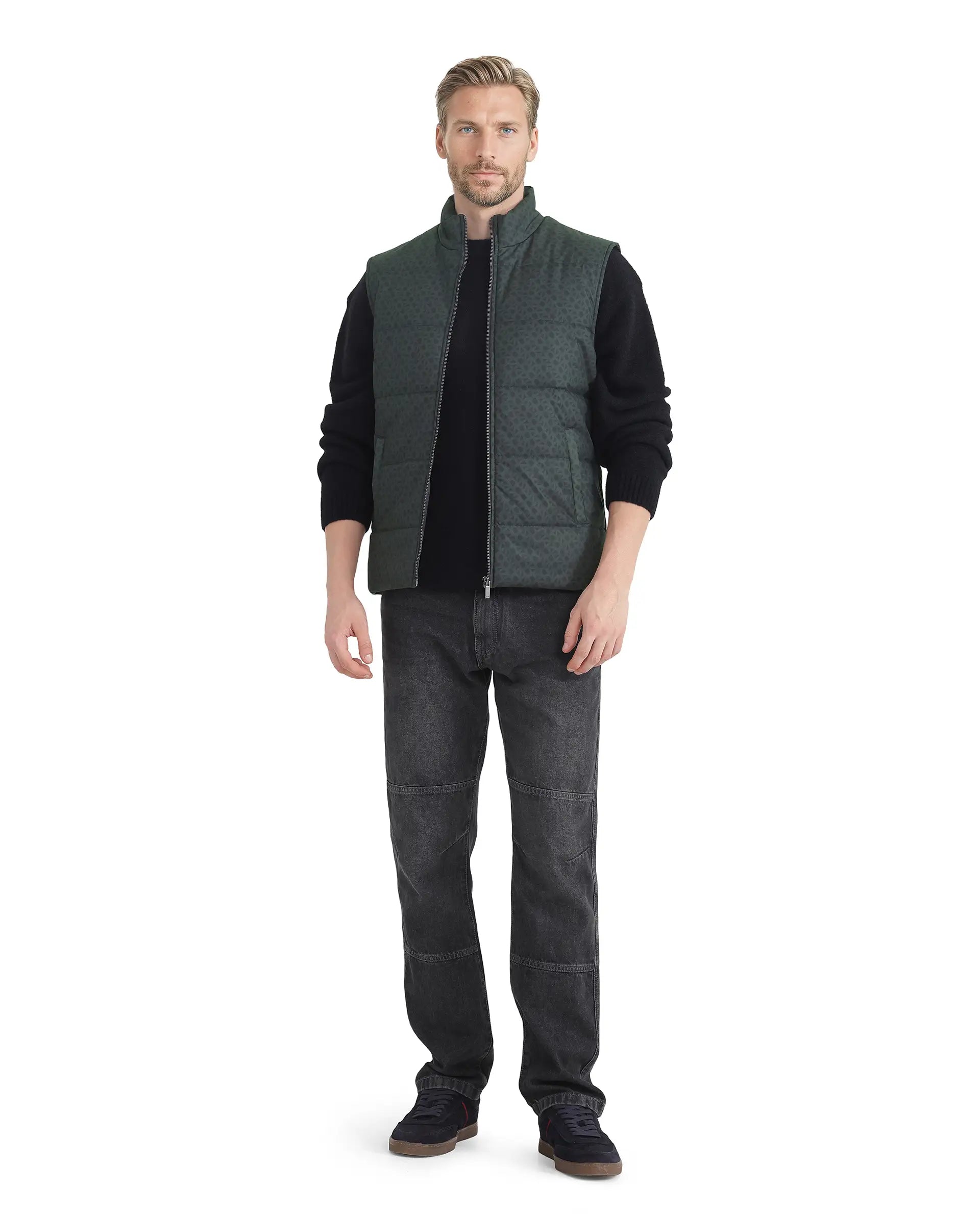 Rare Rabbit Men Darif Petrol Polyester Fabric Sleeveless High Neck Collar Allover Monogram Gilet Jacket