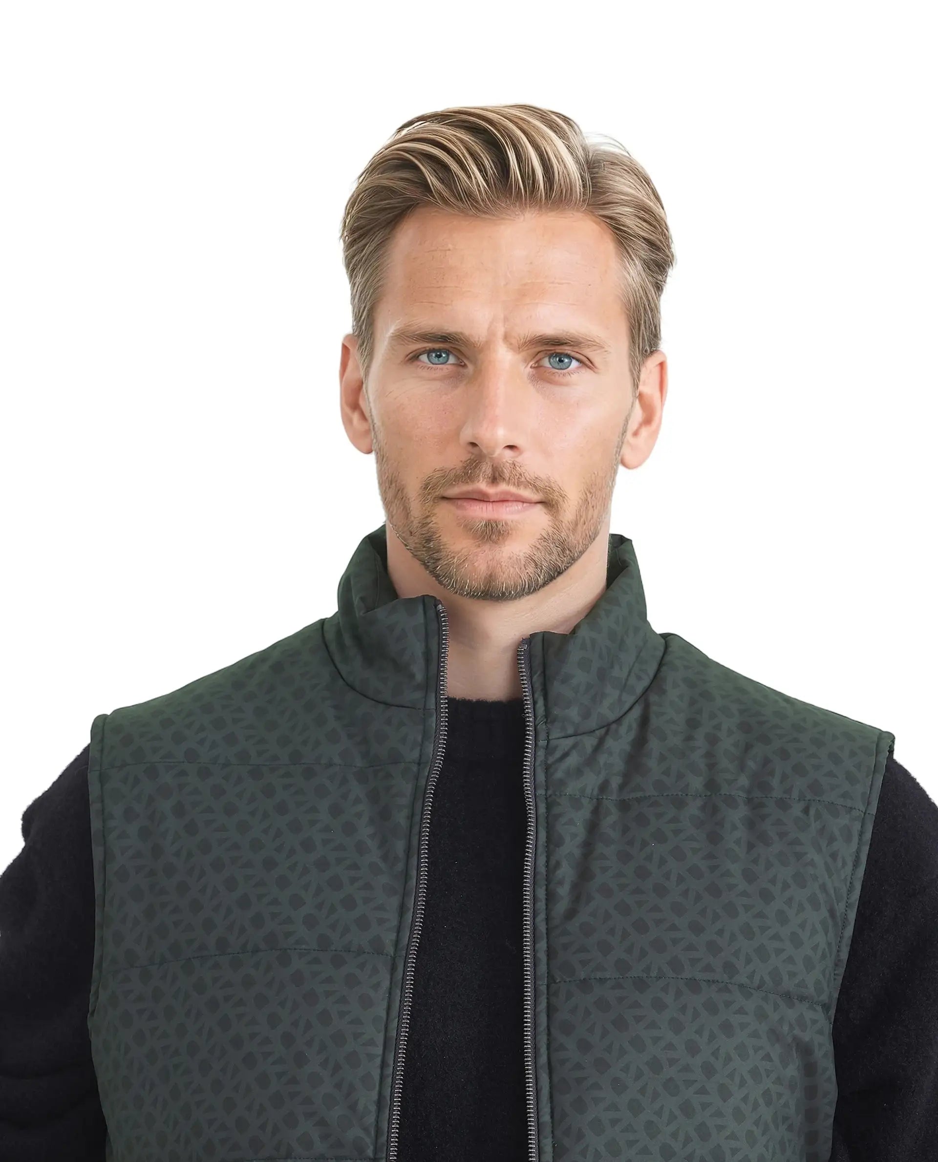 Rare Rabbit Men Darif Petrol Polyester Fabric Sleeveless High Neck Collar Allover Monogram Gilet Jacket