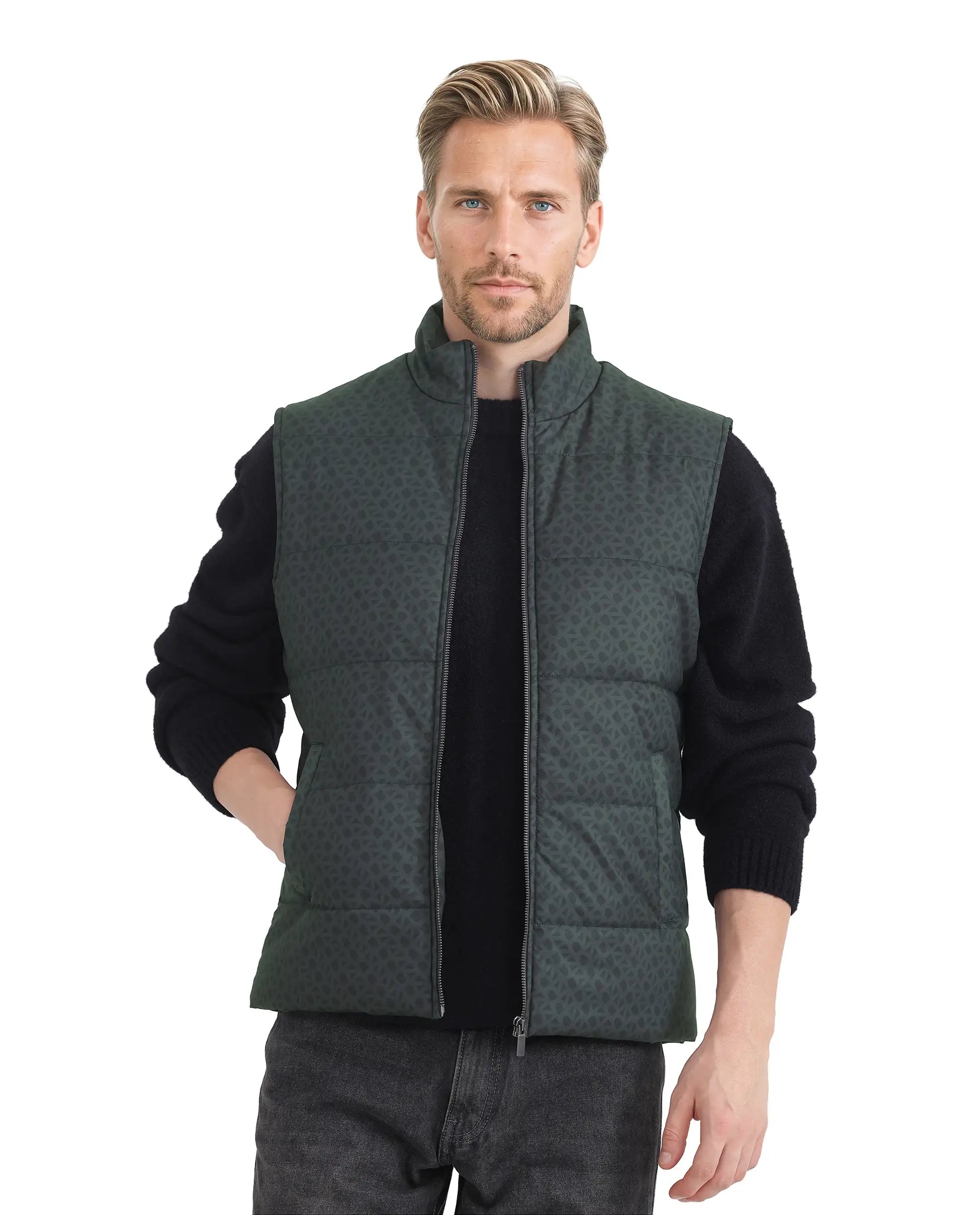 Rare Rabbit Men Darif Petrol Polyester Fabric Sleeveless High Neck Collar Allover Monogram Gilet Jacket