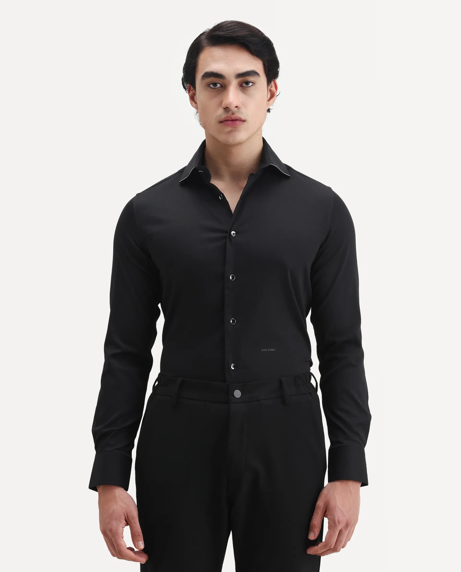 Rare Rabbit Men's Dario Black Cotton Plain Regular Fit Full Sleeve Collared Shirt