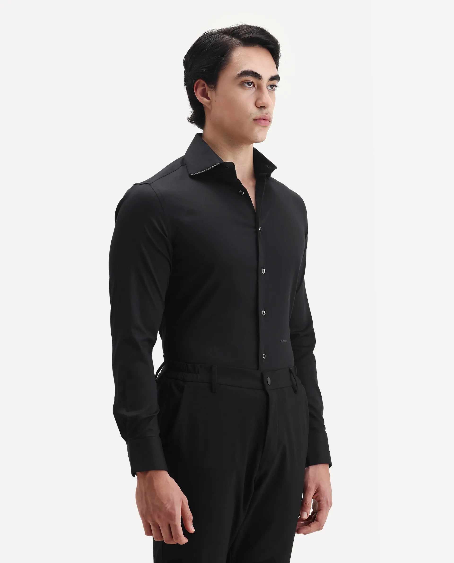 Rare Rabbit Men's Dario Black Cotton Plain Regular Fit Full Sleeve Collared Shirt
