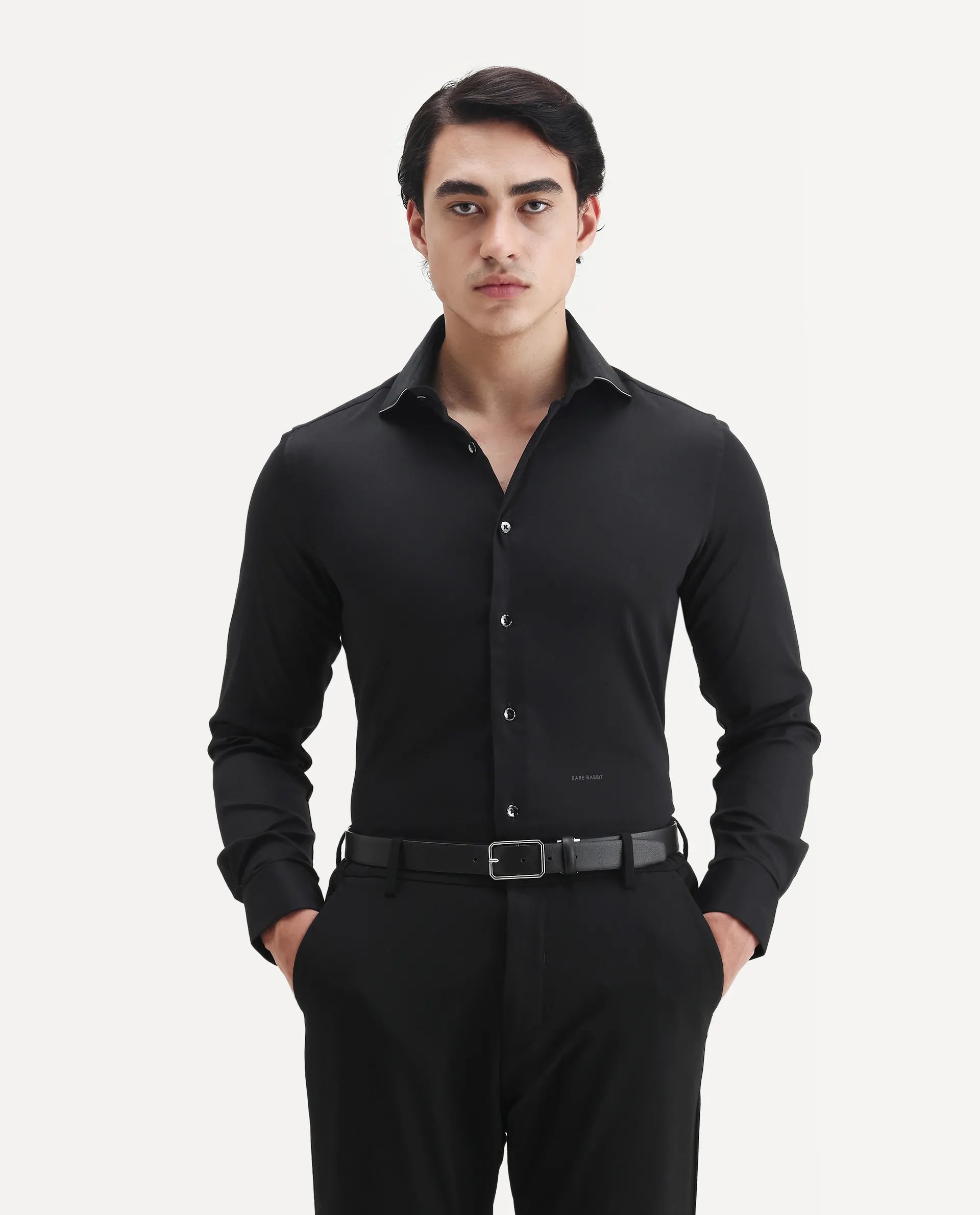 Rare Rabbit Men's Dario Black Cotton Plain Regular Fit Full Sleeve Collared Shirt