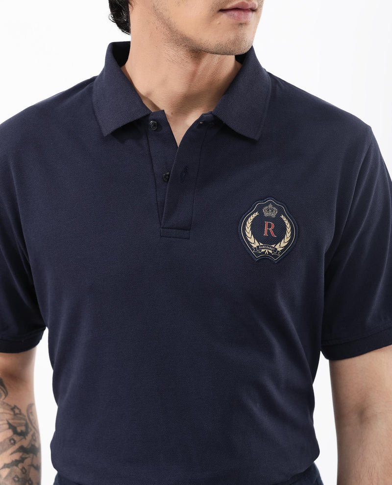 Rare Rabbit Mens Dariol Navy Cotton Fabric Short Sleeve Solid Knitted Polo T-Shirt