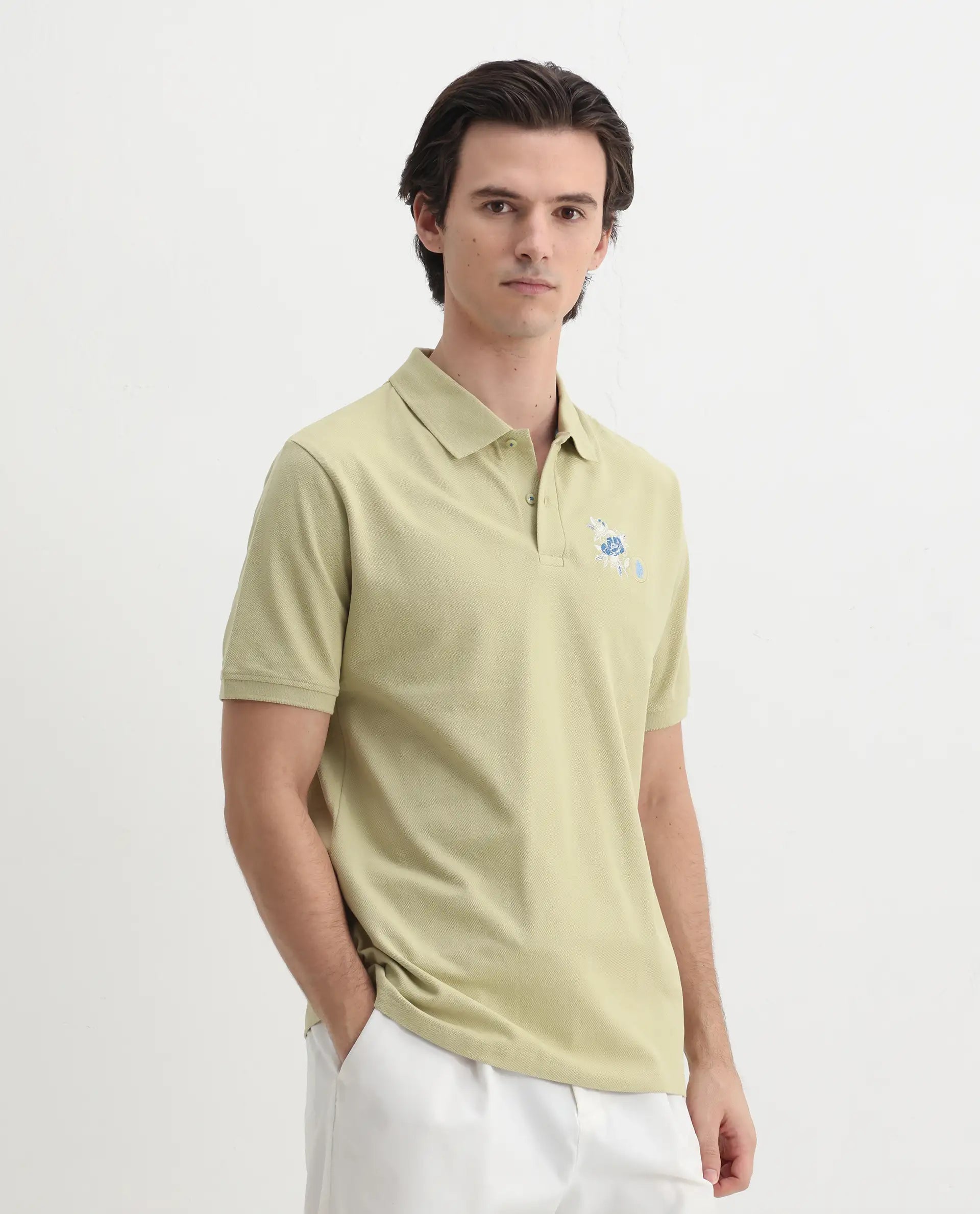 Rare Rabbit Men's Dariol Light Green Cotton Embroidered Regular Fit Half Sleeve Polo