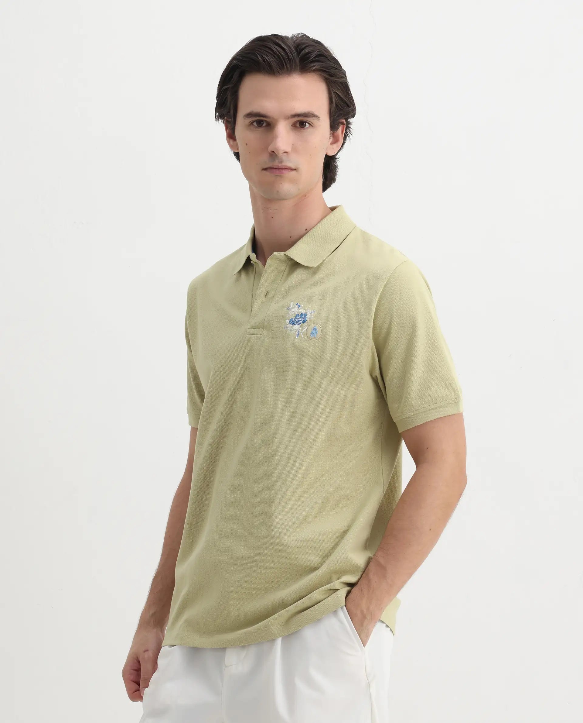 Rare Rabbit Men's Dariol Light Green Cotton Embroidered Regular Fit Half Sleeve Polo