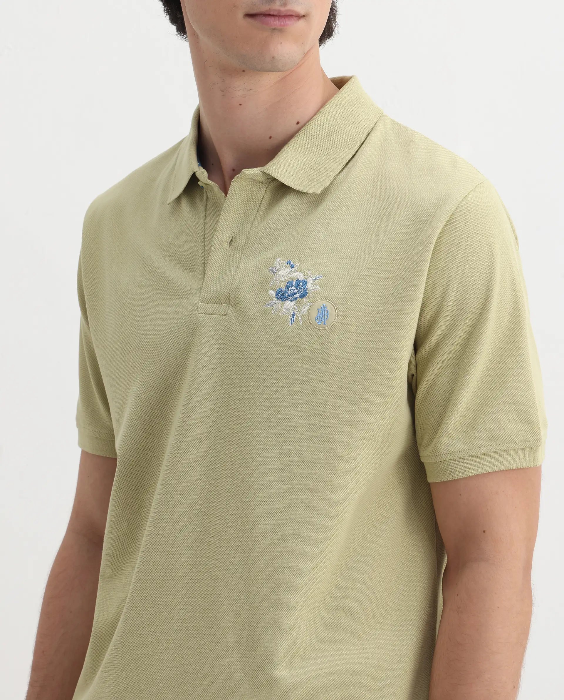 Rare Rabbit Men's Dariol Light Green Cotton Embroidered Regular Fit Half Sleeve Polo