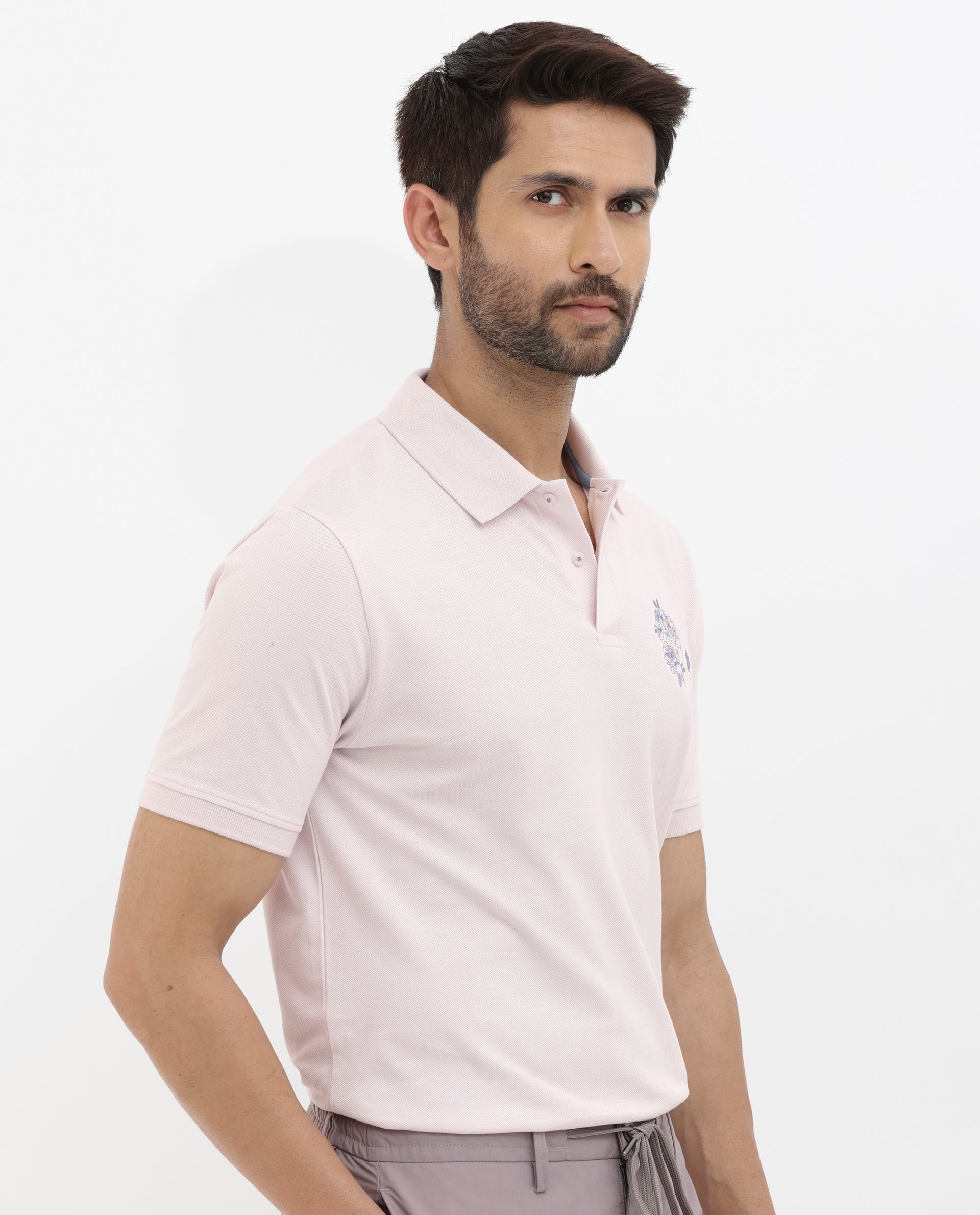 Rare Rabbit Mens Dariol Light Pink Cotton Fabric Short Sleeve Solid Knitted Polo T-Shirt