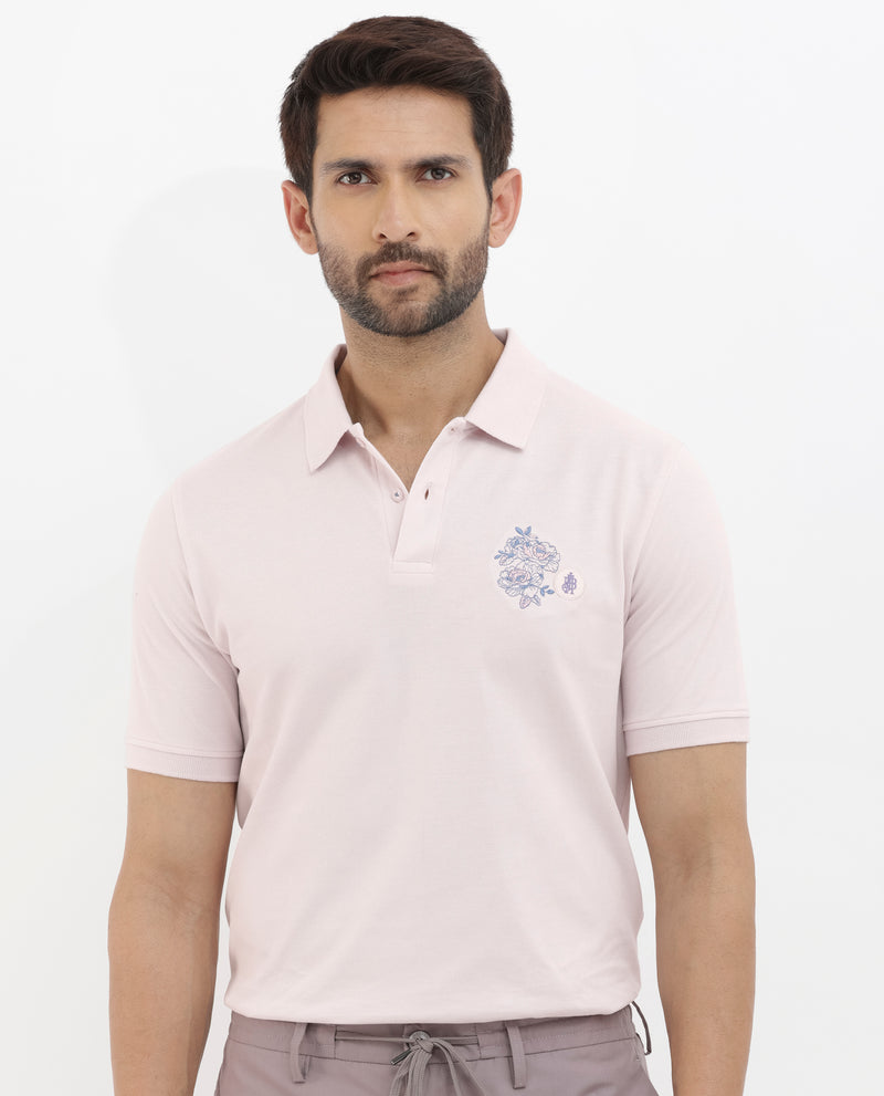 Rare Rabbit Mens Dariol Light Pink Cotton Fabric Short Sleeve Solid Knitted Polo T-Shirt