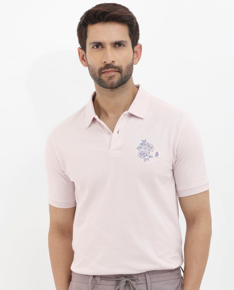 Rare Rabbit Mens Dariol Light Pink Cotton Fabric Short Sleeve Solid Knitted Polo T-Shirt