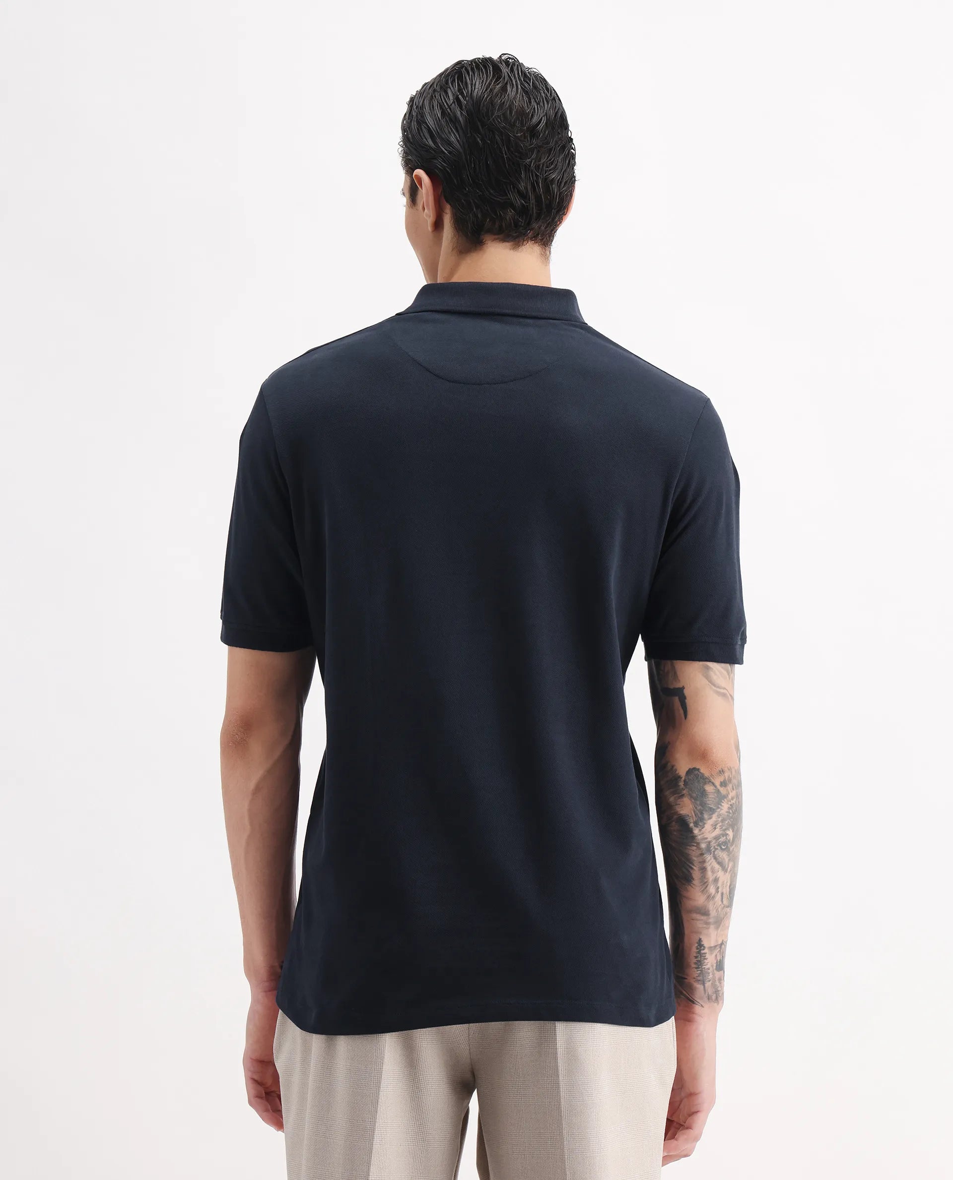 Rare Rabbit Men's Dariol Navy Cotton Plain Regular Fit Half Sleeve Polo