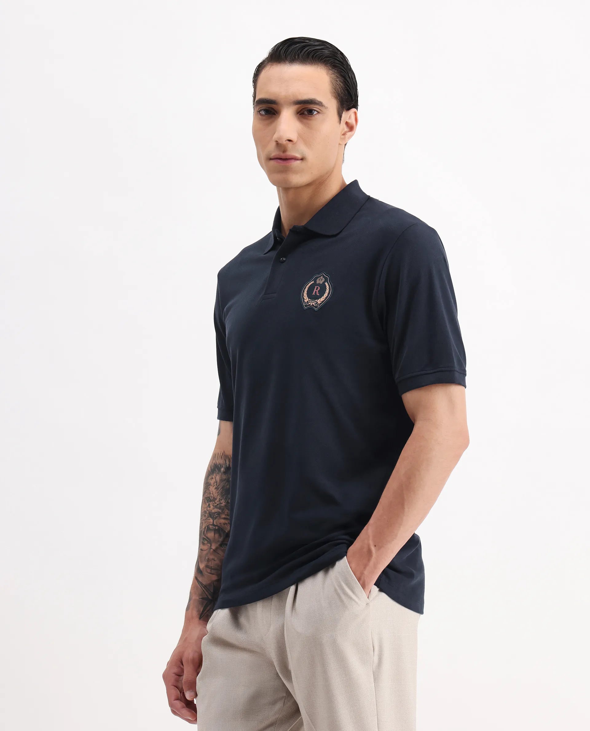 Rare Rabbit Men's Dariol Navy Cotton Plain Regular Fit Half Sleeve Polo