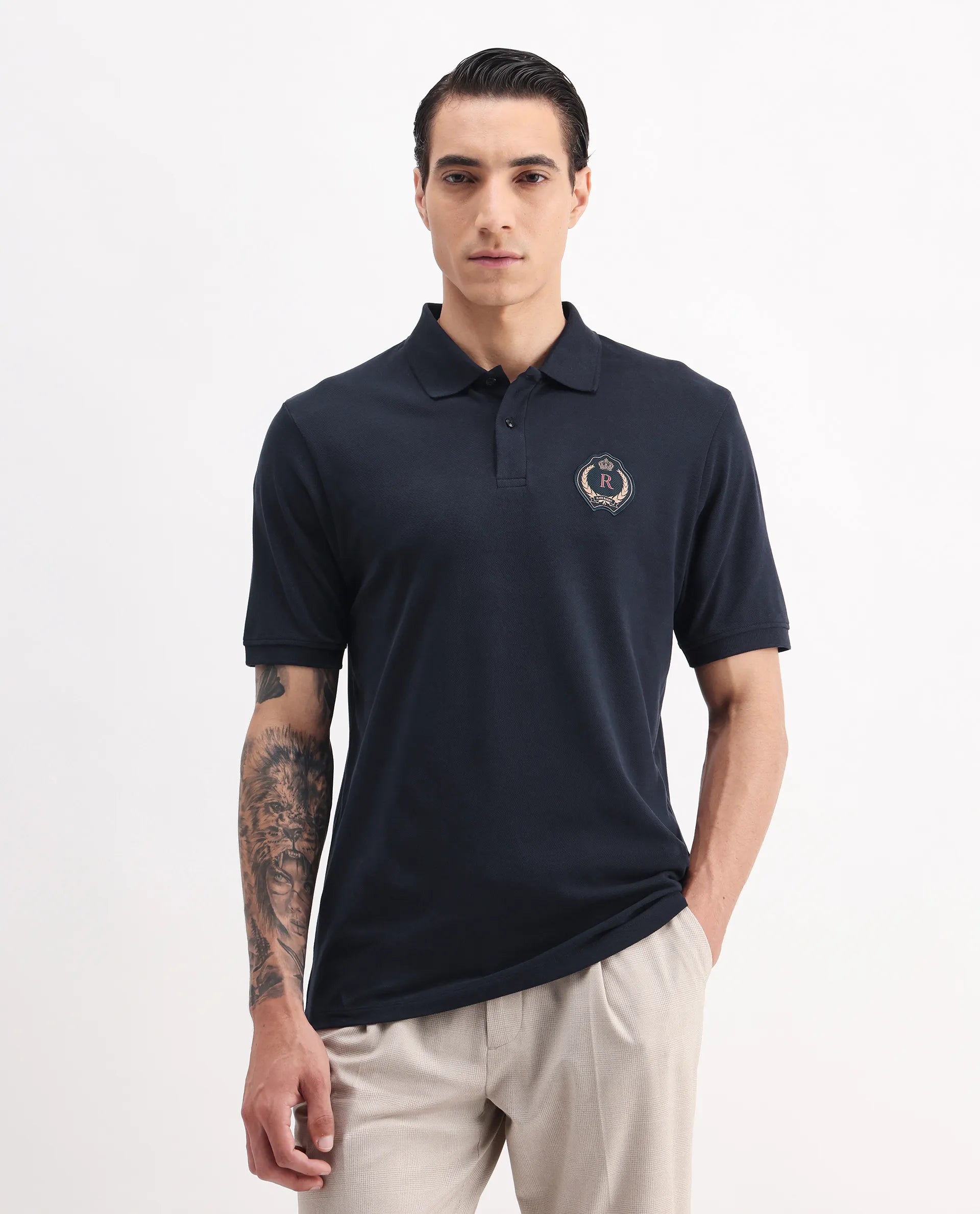 Rare Rabbit Men's Dariol Navy Cotton Plain Regular Fit Half Sleeve Polo