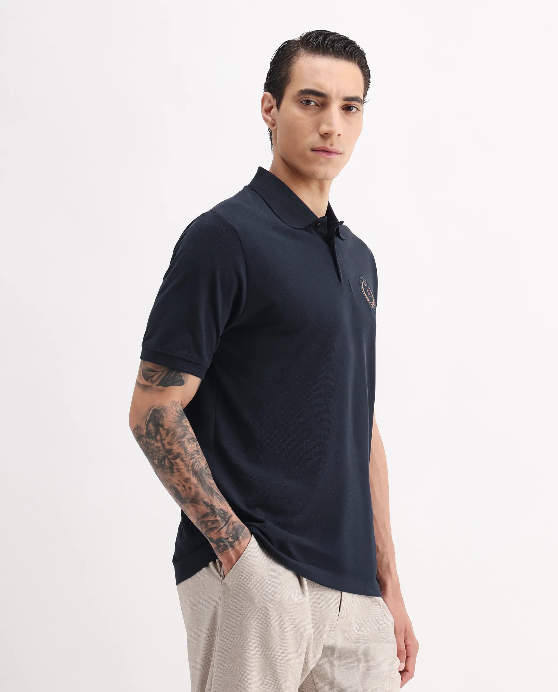 Rare Rabbit Men's Dariol Navy Cotton Plain Regular Fit Half Sleeve Polo