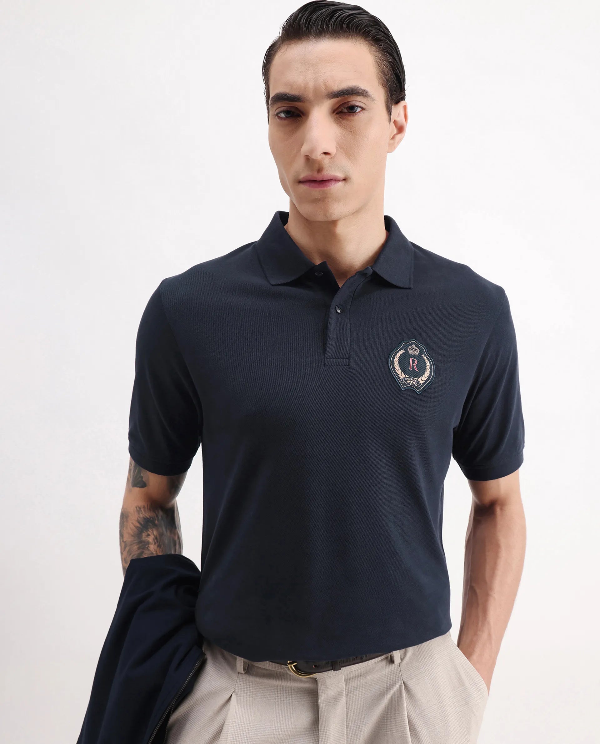 Rare Rabbit Men's Dariol Navy Cotton Plain Regular Fit Half Sleeve Polo