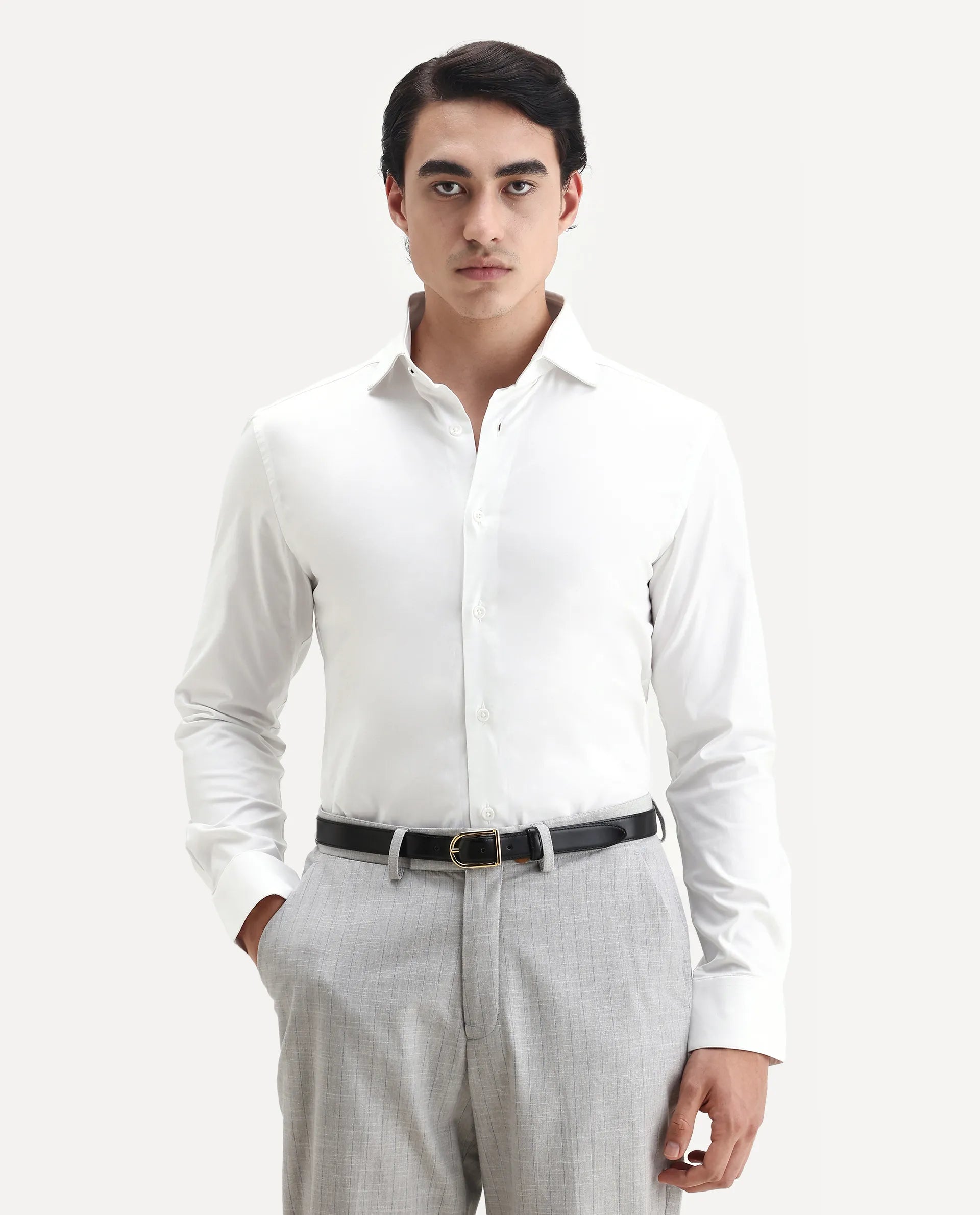 Rare Rabbit Men's Dario White Cotton Plain Regular Fit Full Sleeve Collared Shirt