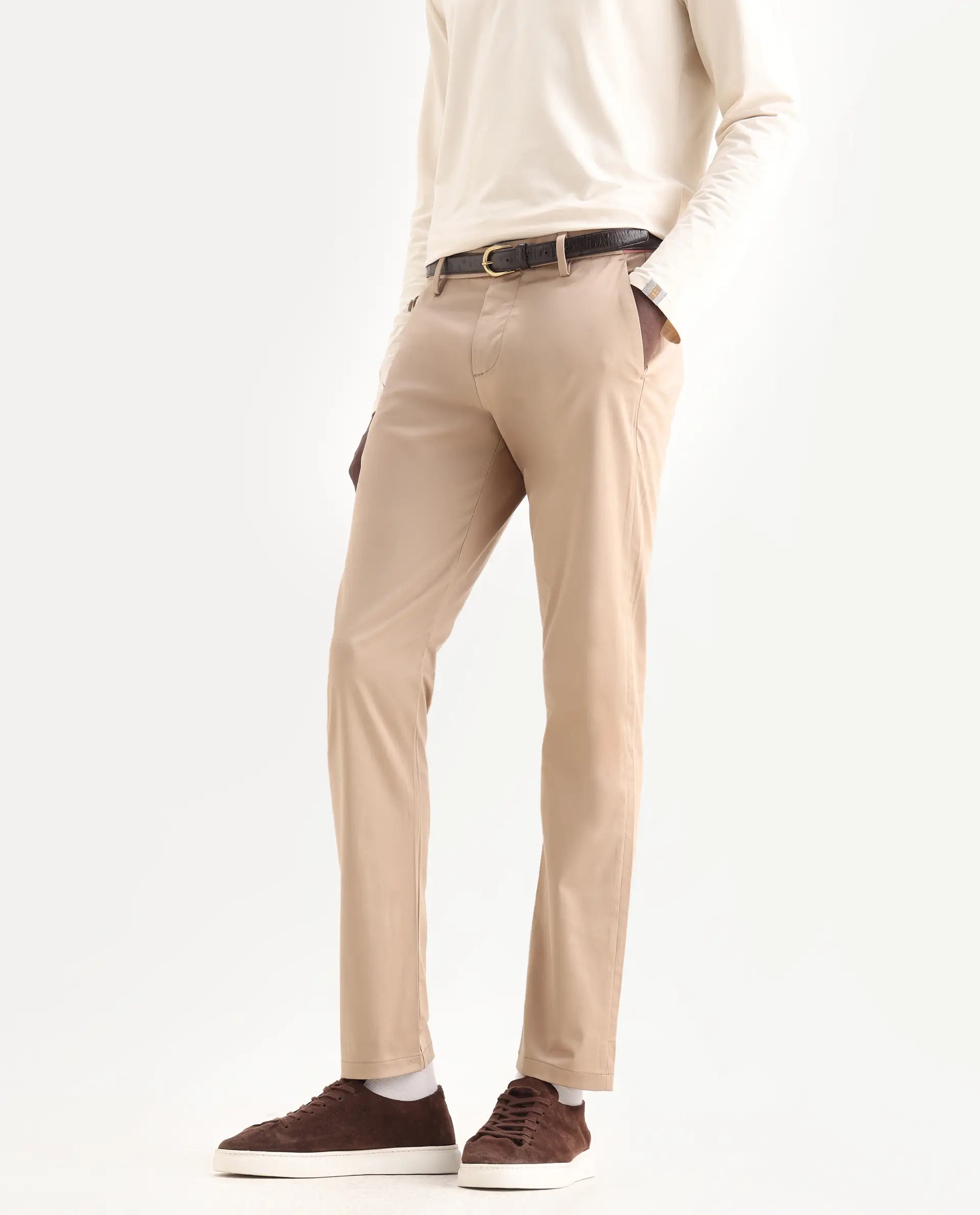Rare Rabbit Men's Daron Beige Cotton Plain Regular Fit Trouser